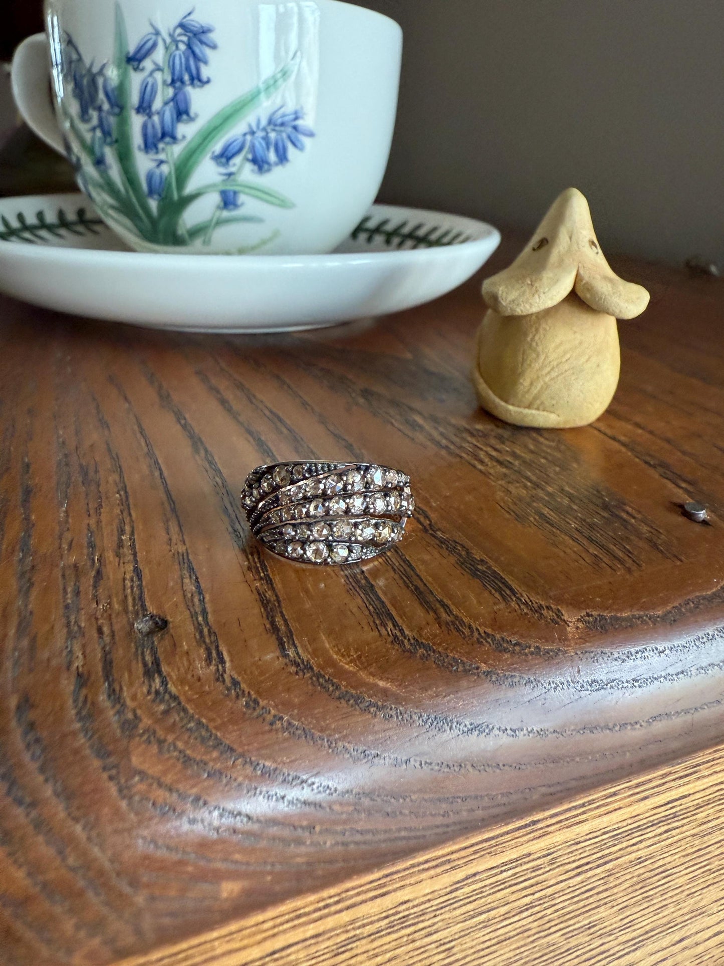 Swirl Wide Band Champagne Natural Rose Cut Diamond Vintage 9k Gold Solid Ring Stacker Linear Swoosh