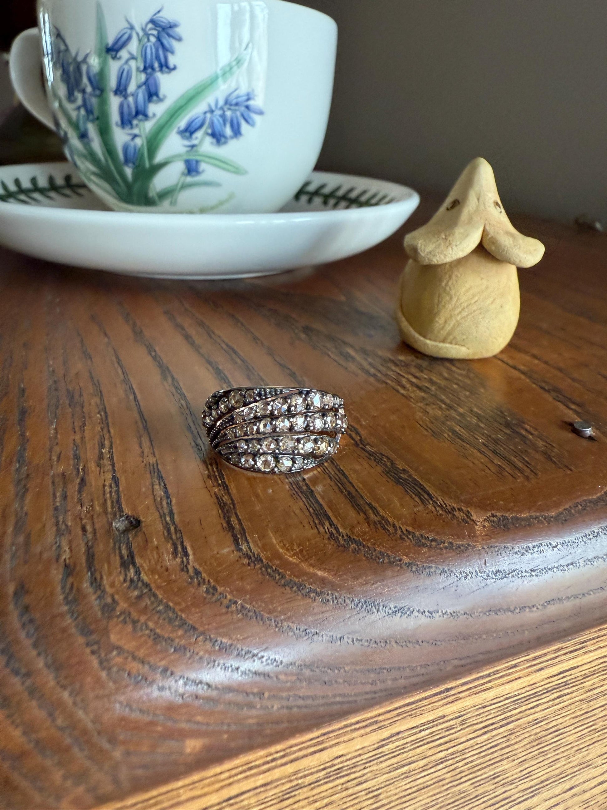 Swirl Wide Band Champagne Natural Rose Cut Diamond Vintage 9k Gold Solid Ring Stacker Linear Swoosh