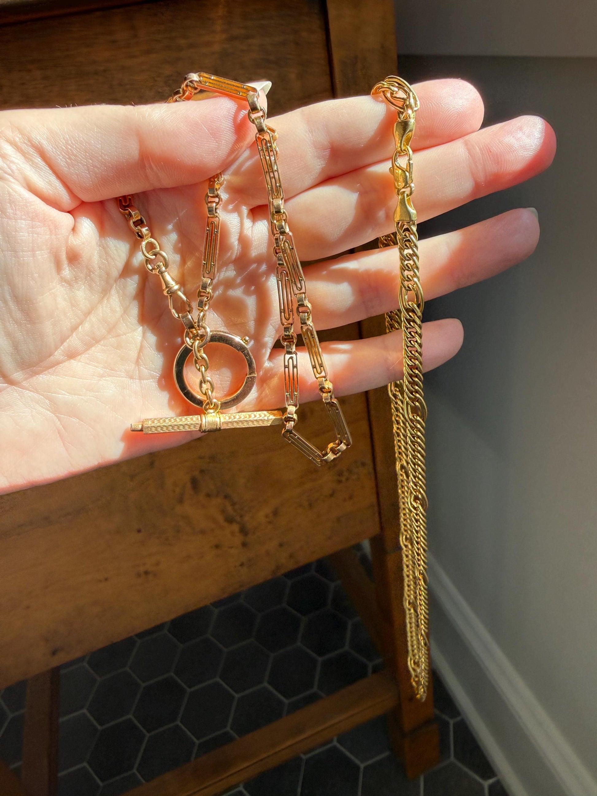 Heavy French Vintage Albert Watch Chain 20g 18k GOLD Solid Chunky Chain Necklace Oval Links XL Spring Ring T Bar Short Choker Extender