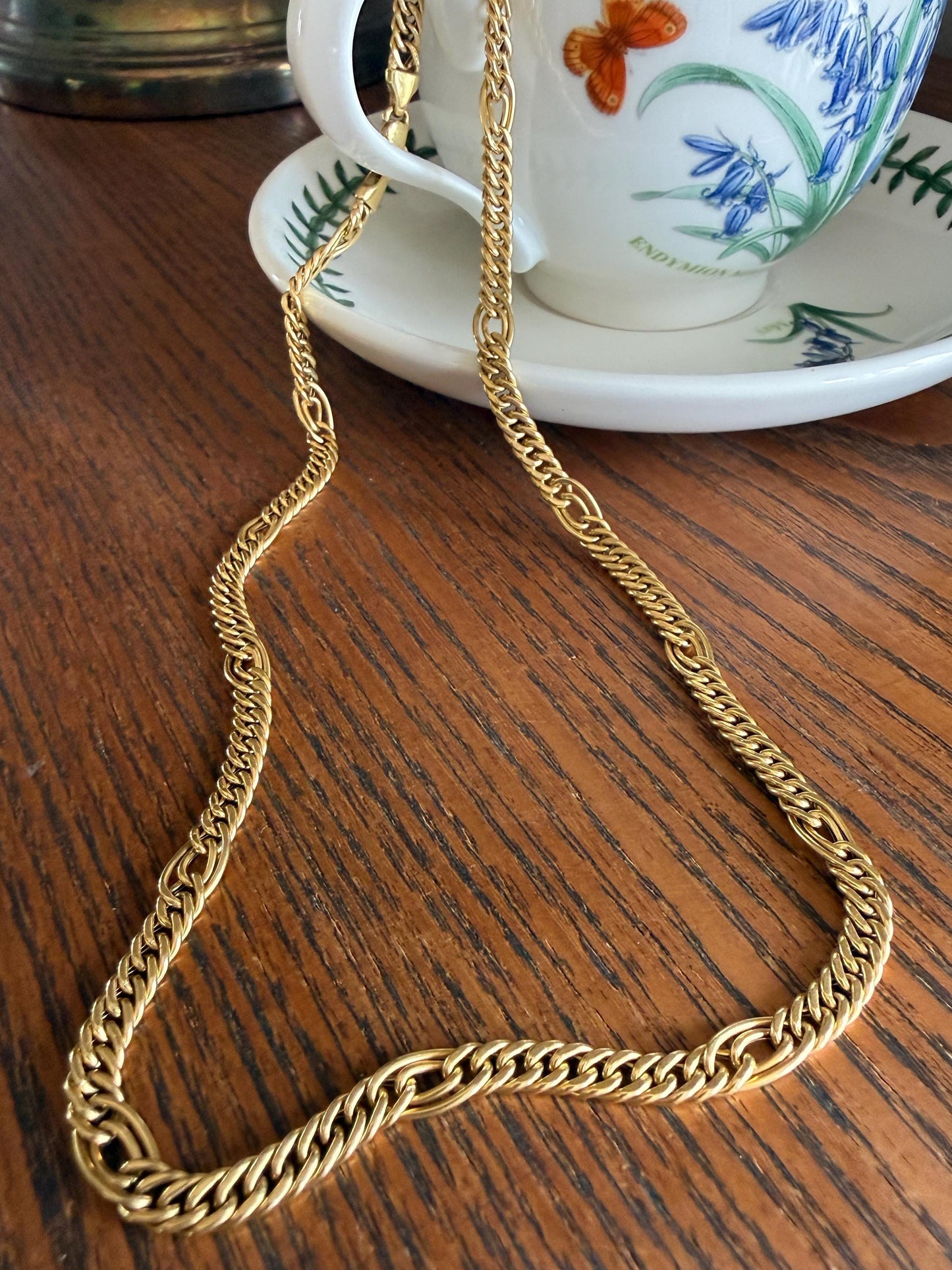 Oval Loop Vintage 12.9g 18k GOLD Solid Chunky Chain Necklace Alternating Curb Braid Links 17.75" Collar 5.8mm Wide Layering
