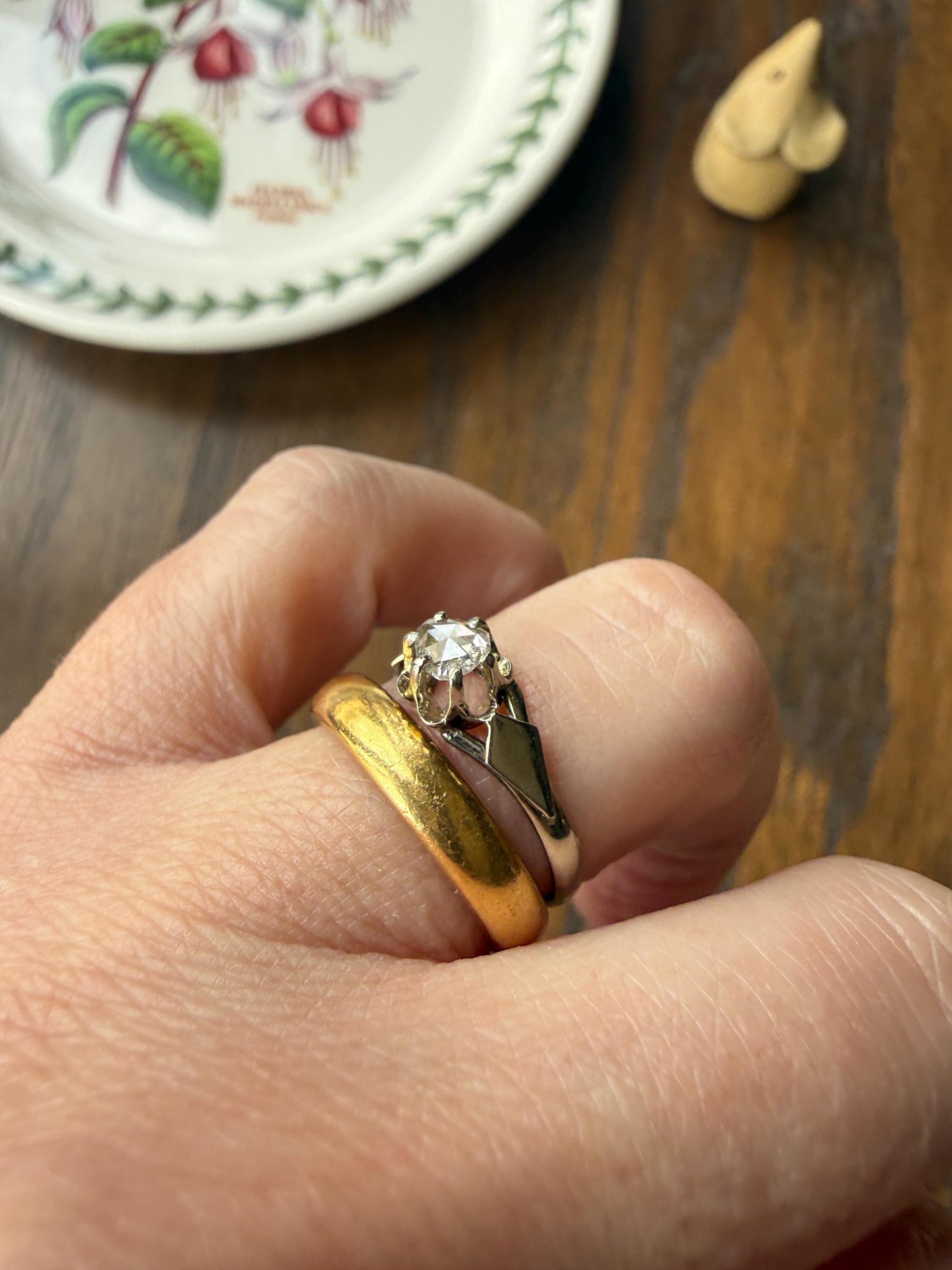 French Antique Rose Cut DIAMOND Solitaire 18k White Gold Ring Disco Ball Stacker Open Back Engagement Pinky Band