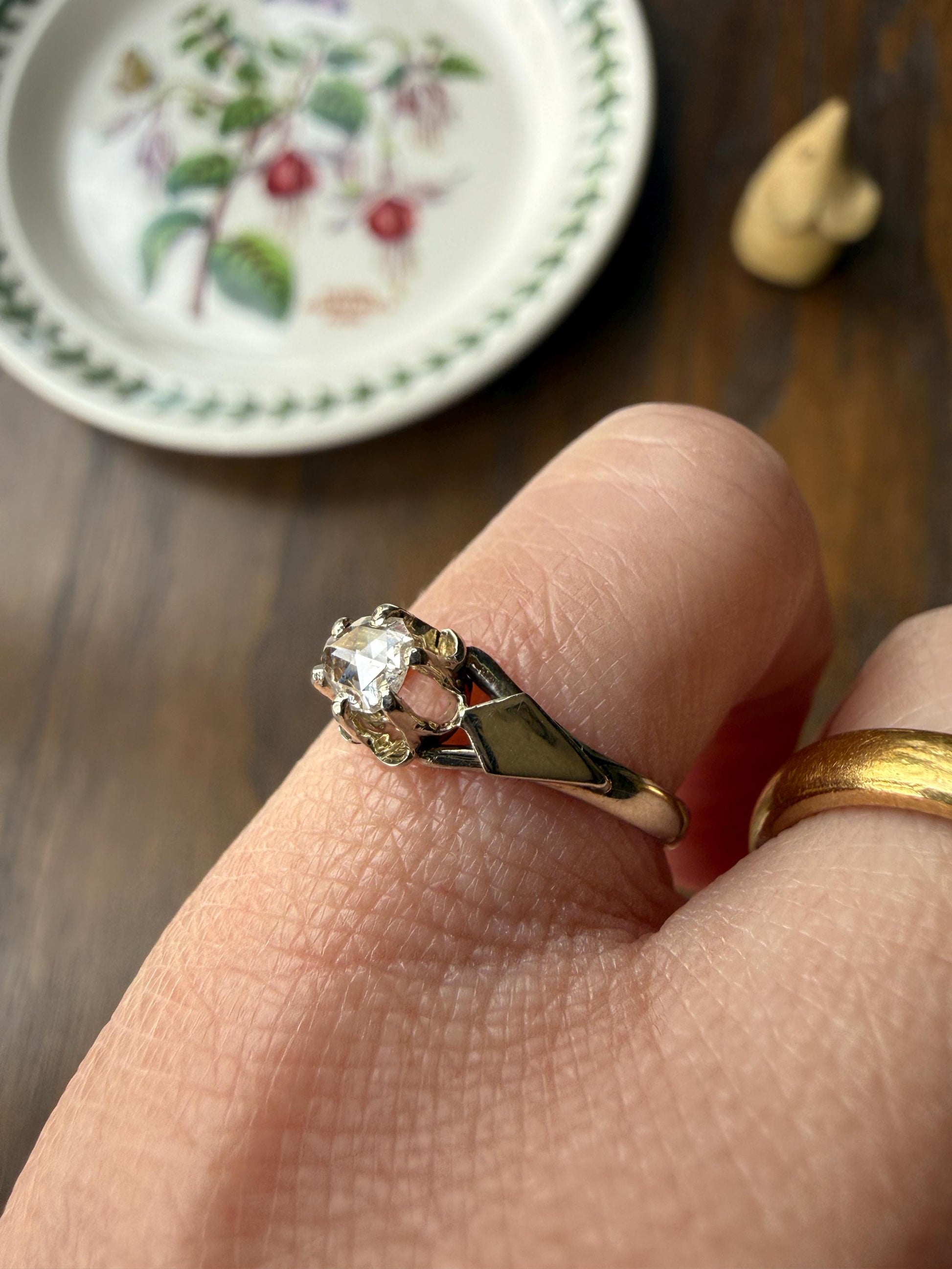 French Antique Rose Cut DIAMOND Solitaire 18k White Gold Ring Disco Ball Stacker Open Back Engagement Pinky Band