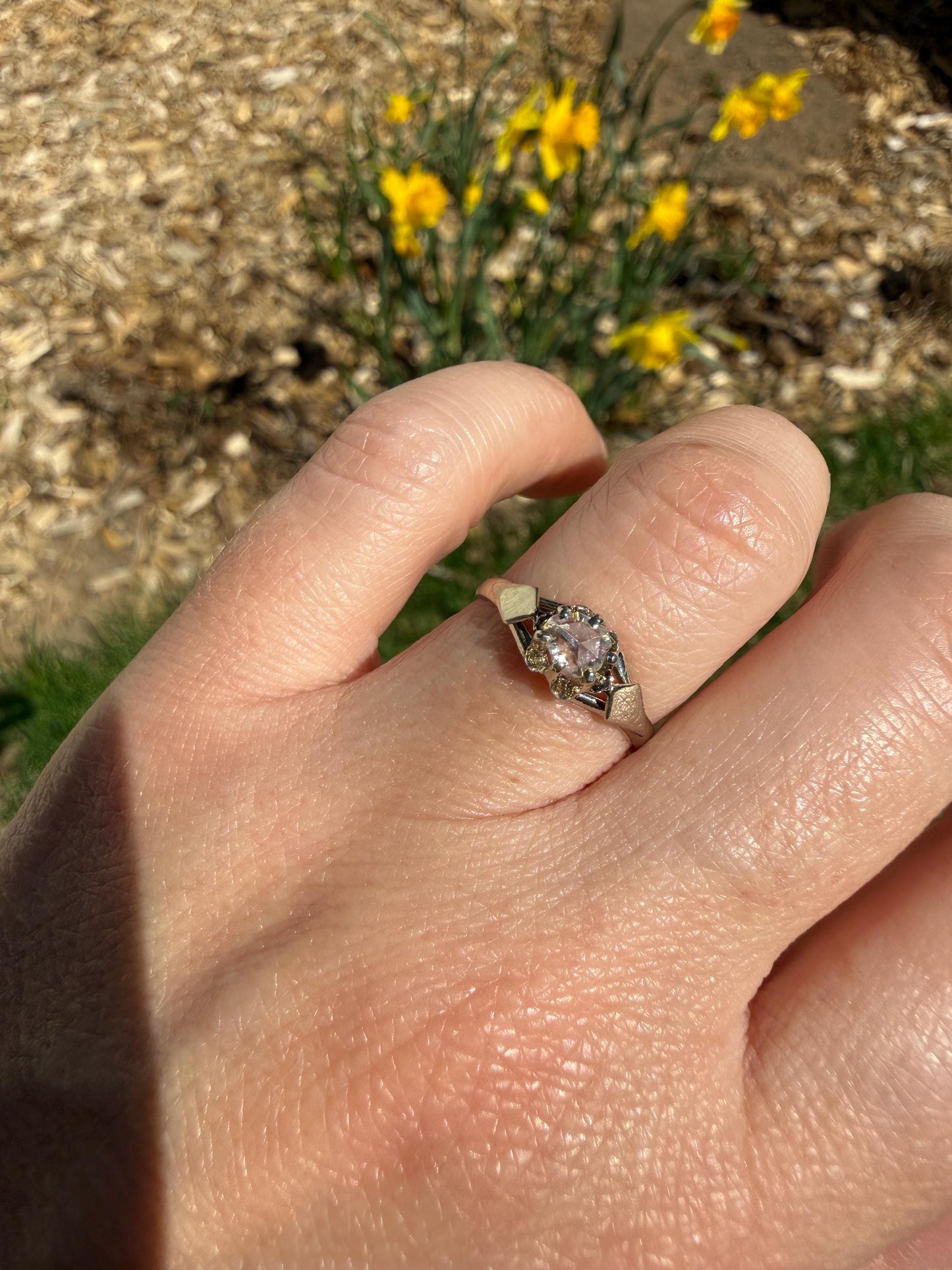 French Antique Rose Cut DIAMOND Solitaire 18k White Gold Ring Disco Ball Stacker Open Back Engagement Pinky Band