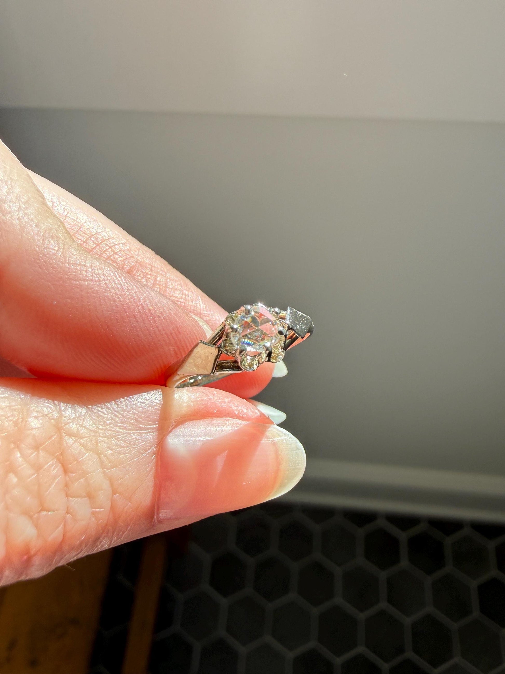 French Antique Rose Cut DIAMOND Solitaire 18k White Gold Ring Disco Ball Stacker Open Back Engagement Pinky Band