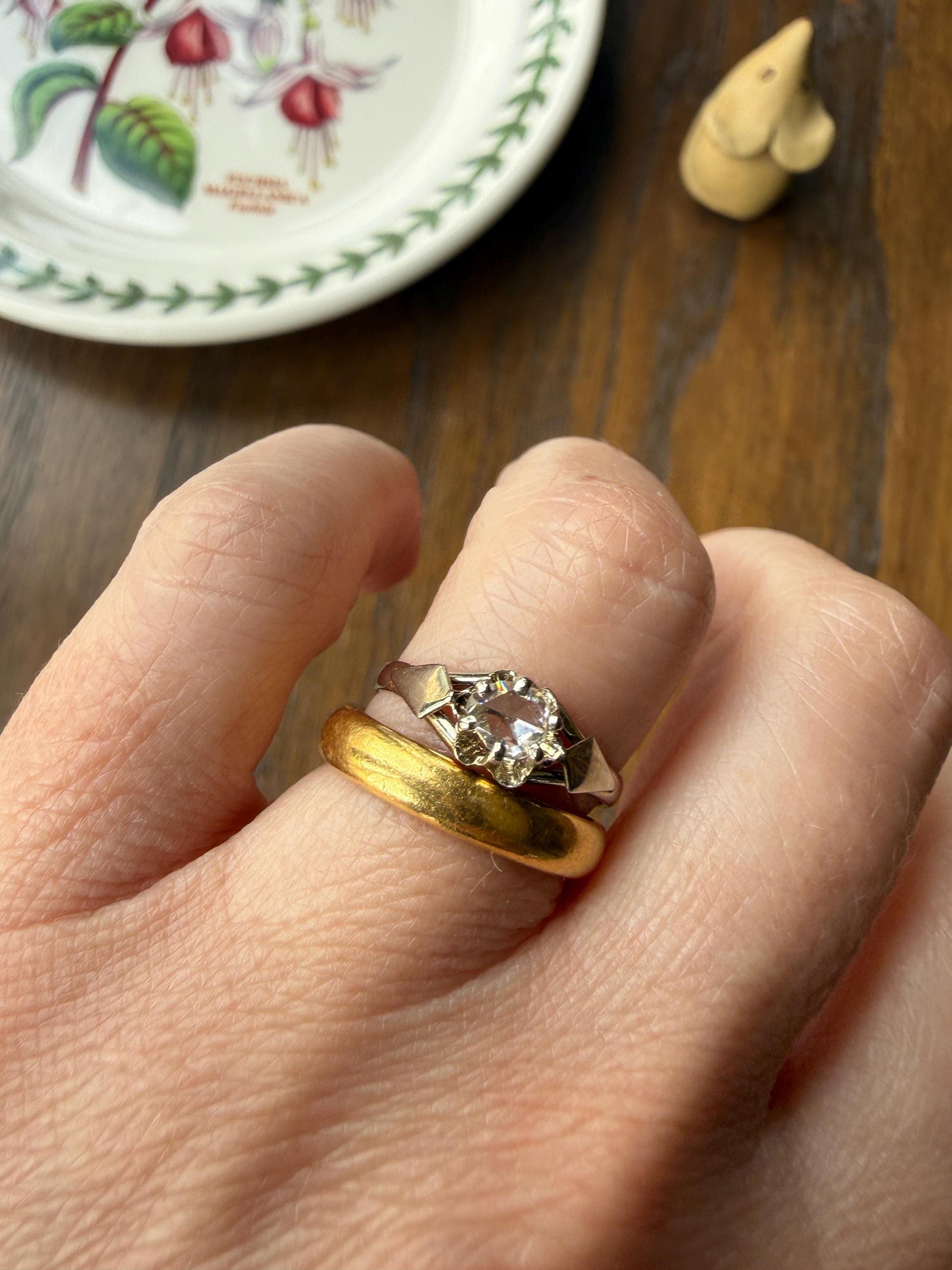 French Antique Rose Cut DIAMOND Solitaire 18k White Gold Ring Disco Ball Stacker Open Back Engagement Pinky Band