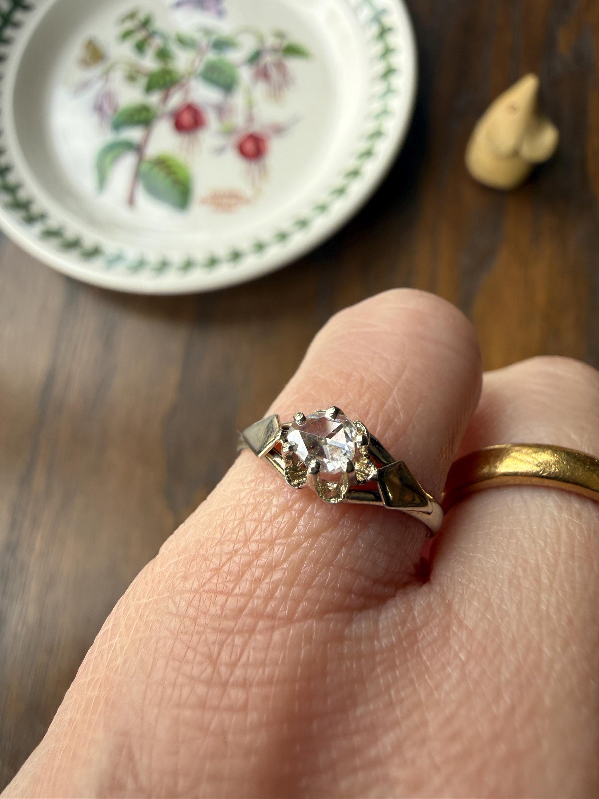 French Antique Rose Cut DIAMOND Solitaire 18k White Gold Ring Disco Ball Stacker Open Back Engagement Pinky Band