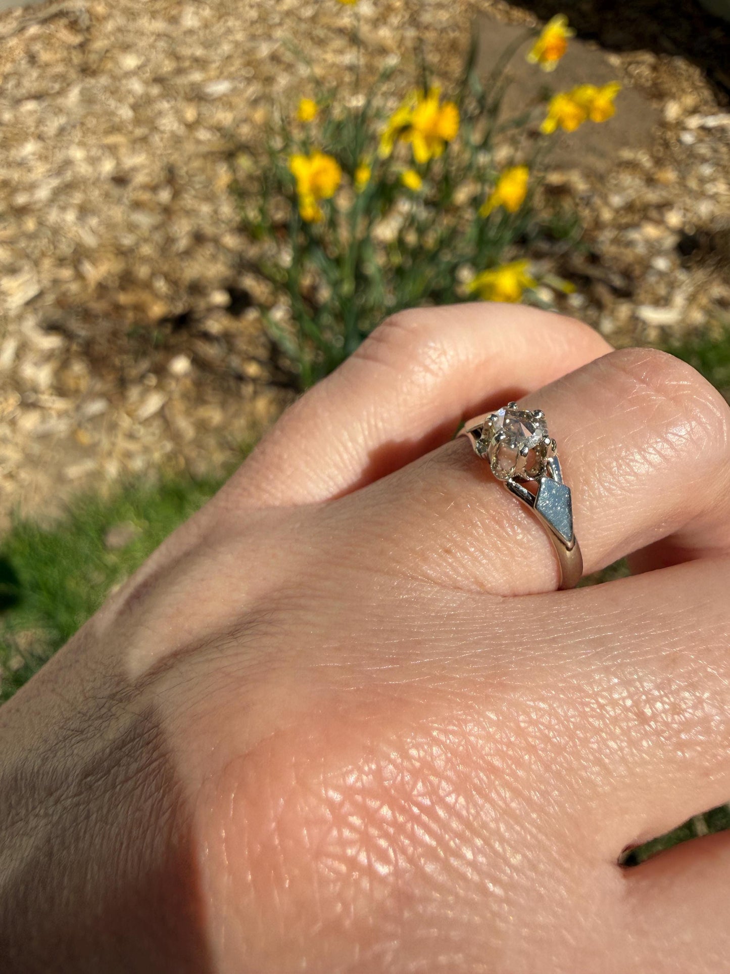 French Antique Rose Cut DIAMOND Solitaire 18k White Gold Ring Disco Ball Stacker Open Back Engagement Pinky Band