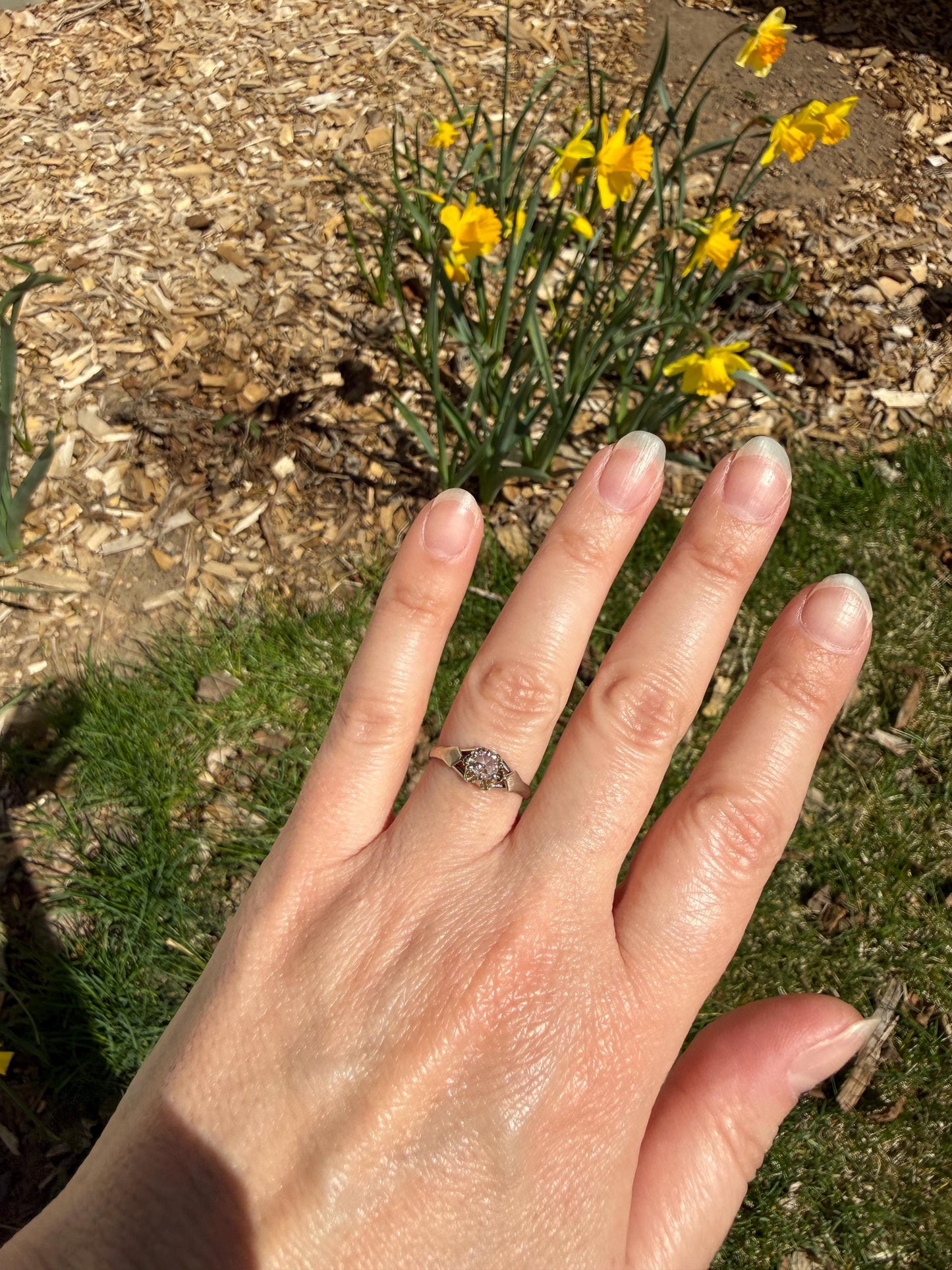 French Antique Rose Cut DIAMOND Solitaire 18k White Gold Ring Disco Ball Stacker Open Back Engagement Pinky Band