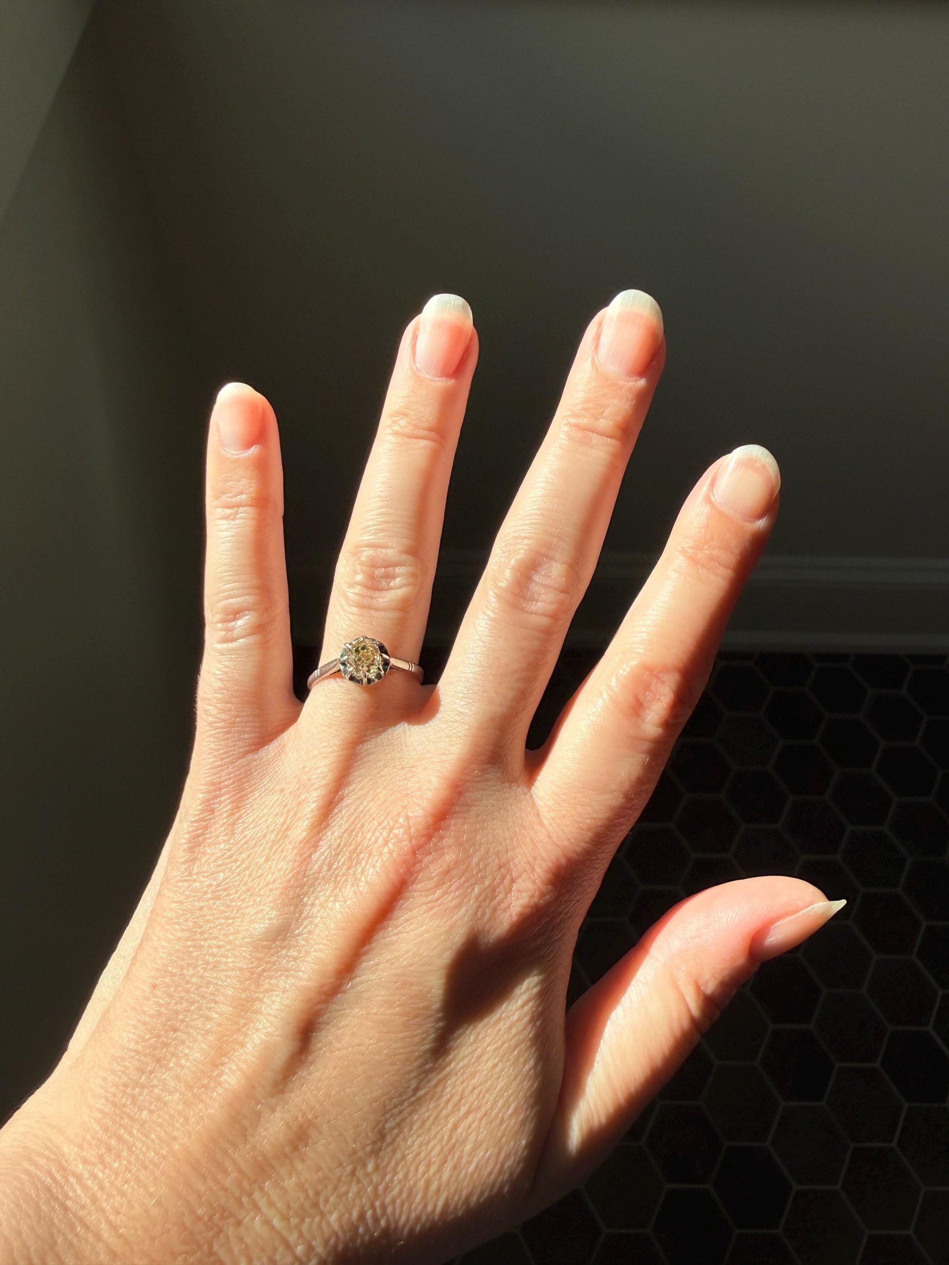 CHAMPAGNE Extra Chunky Old Mine Cut DIAMOND Eye Clean .8 Carat Antique Solitiare Ring French Platinum Skinny Band Engagement OMC