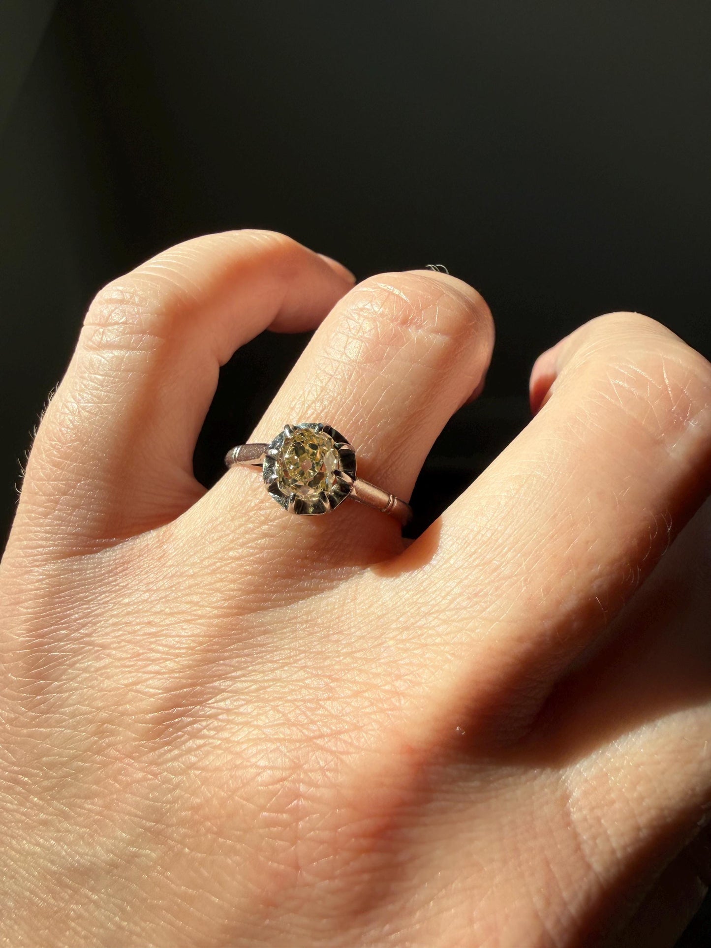 CHAMPAGNE Extra Chunky Old Mine Cut DIAMOND Eye Clean .8 Carat Antique Solitiare Ring French Platinum Skinny Band Engagement OMC