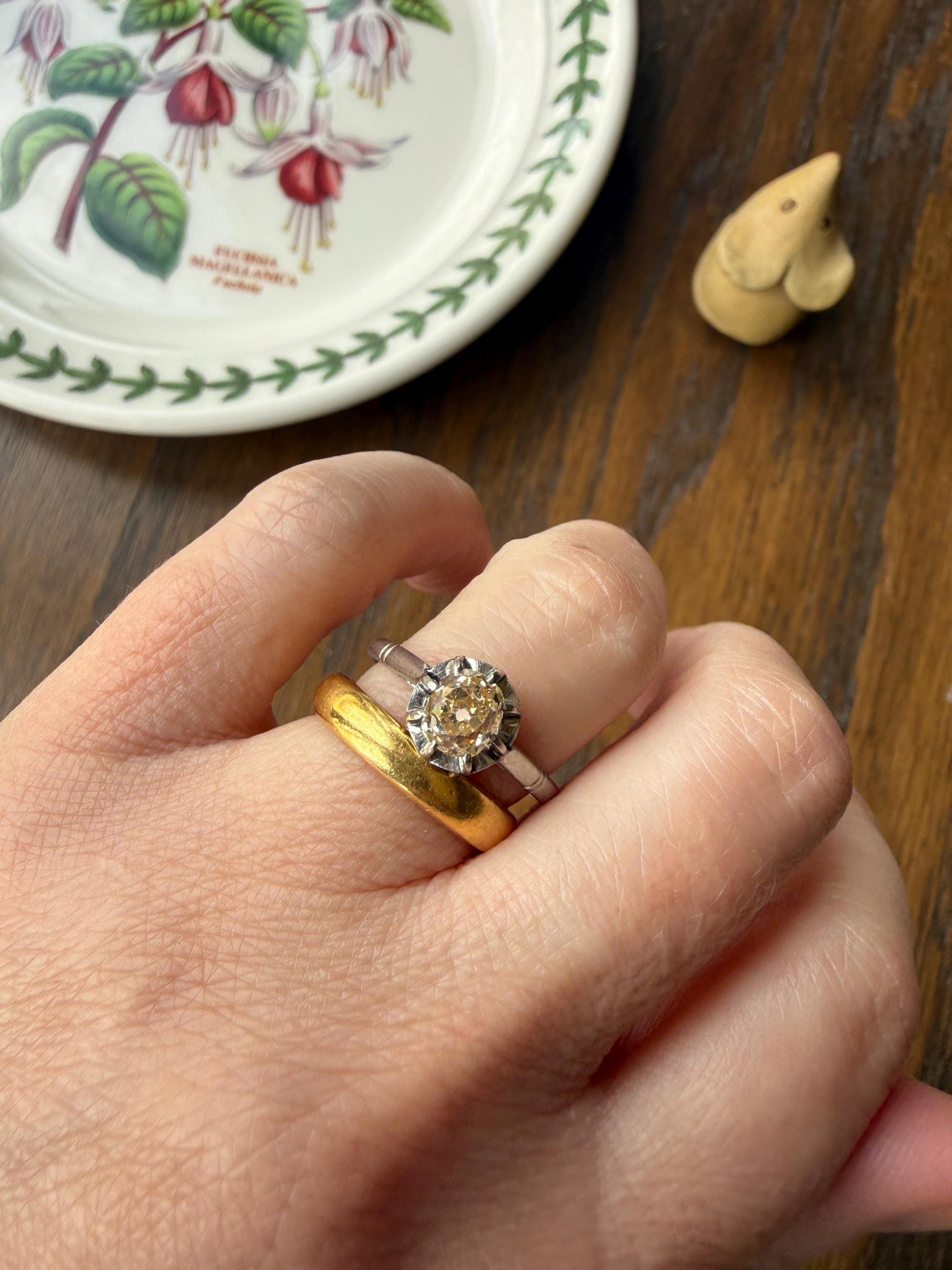 CHAMPAGNE Extra Chunky Old Mine Cut DIAMOND Eye Clean .8 Carat Antique Solitiare Ring French Platinum Skinny Band Engagement OMC