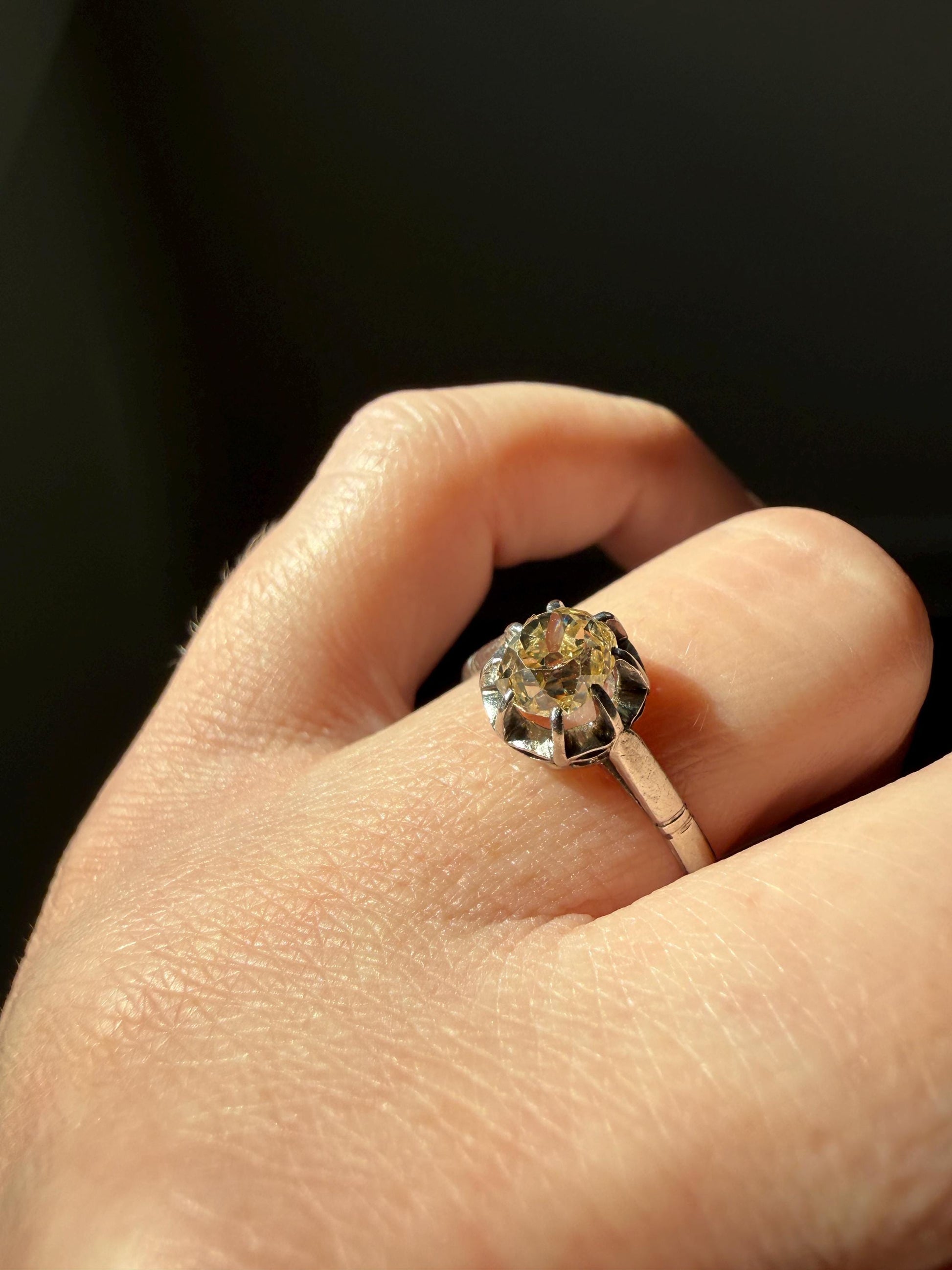 CHAMPAGNE Extra Chunky Old Mine Cut DIAMOND Eye Clean .8 Carat Antique Solitiare Ring French Platinum Skinny Band Engagement OMC