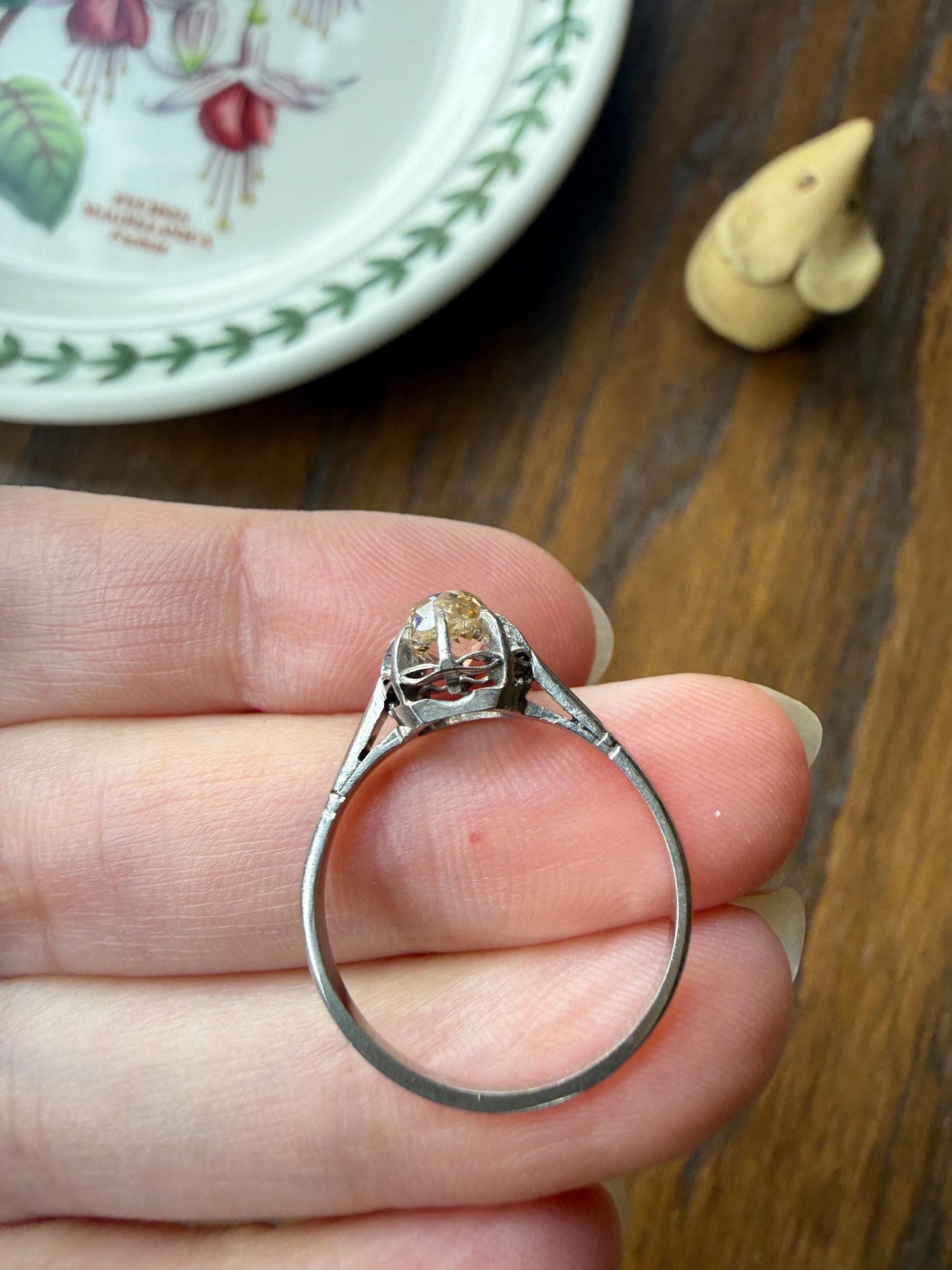 CHAMPAGNE Extra Chunky Old Mine Cut DIAMOND Eye Clean .8 Carat Antique Solitiare Ring French Platinum Skinny Band Engagement OMC
