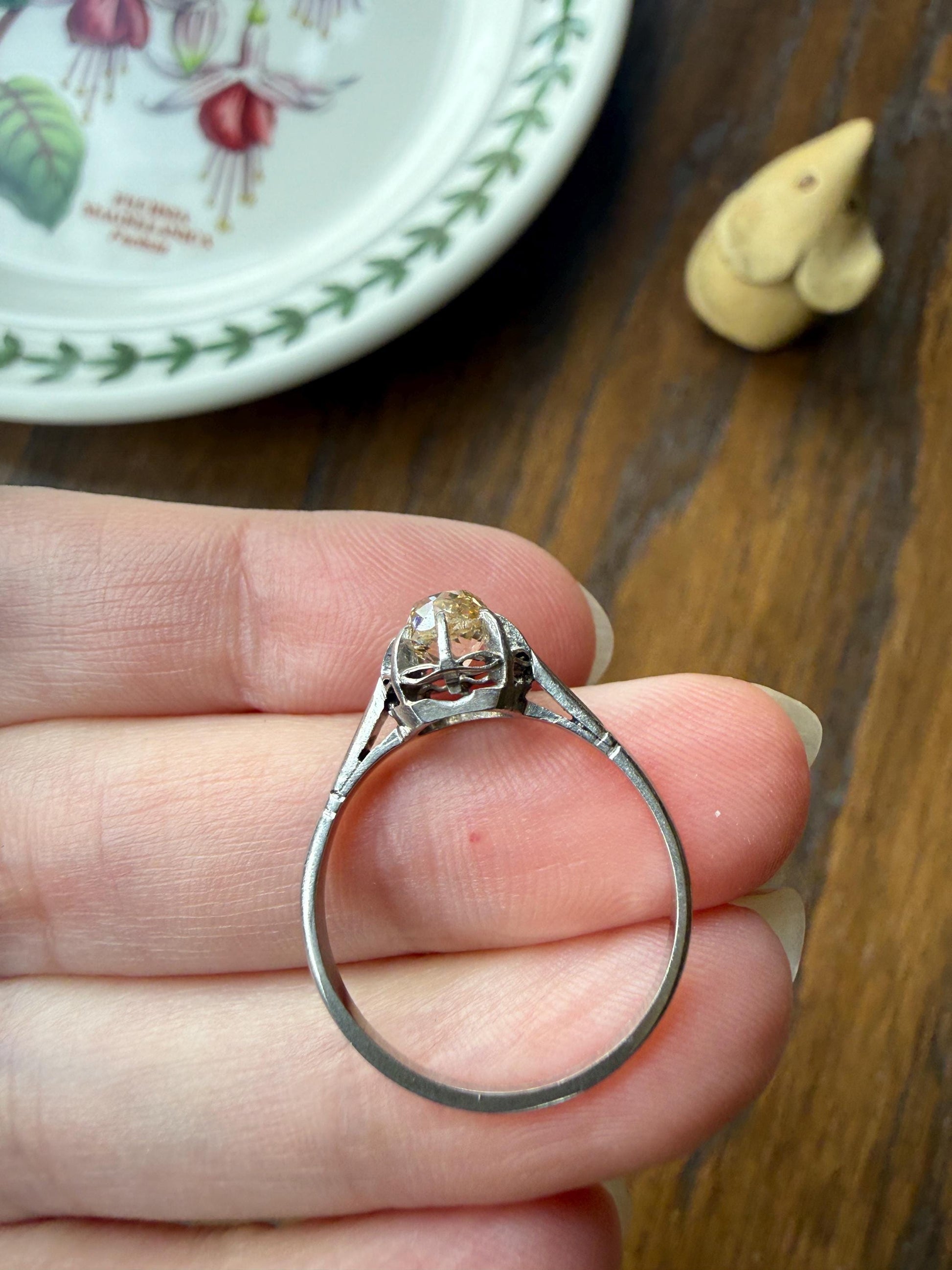 CHAMPAGNE Extra Chunky Old Mine Cut DIAMOND Eye Clean .8 Carat Antique Solitiare Ring French Platinum Skinny Band Engagement OMC