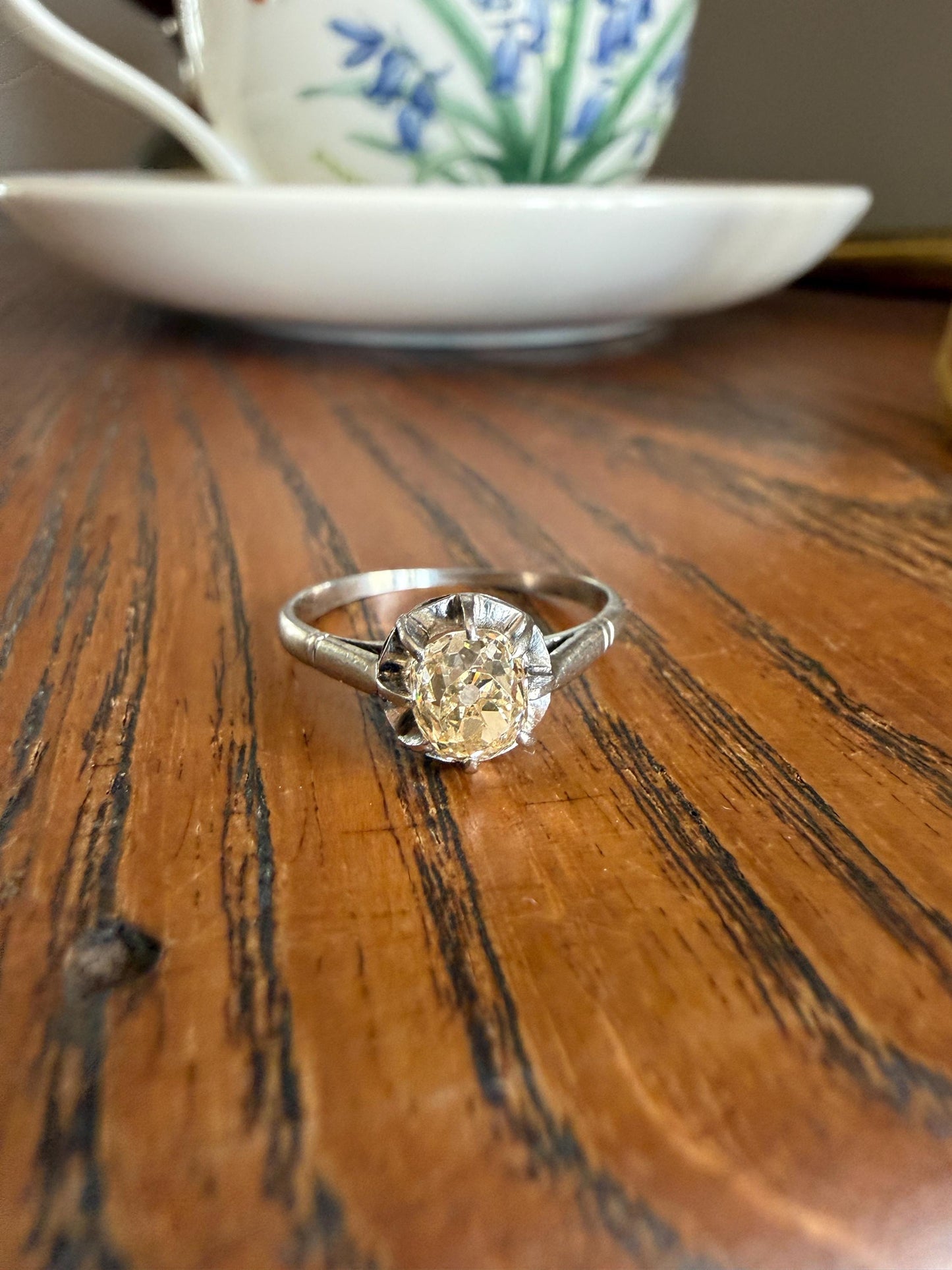 CHAMPAGNE Extra Chunky Old Mine Cut DIAMOND Eye Clean .8 Carat Antique Solitiare Ring French Platinum Skinny Band Engagement OMC