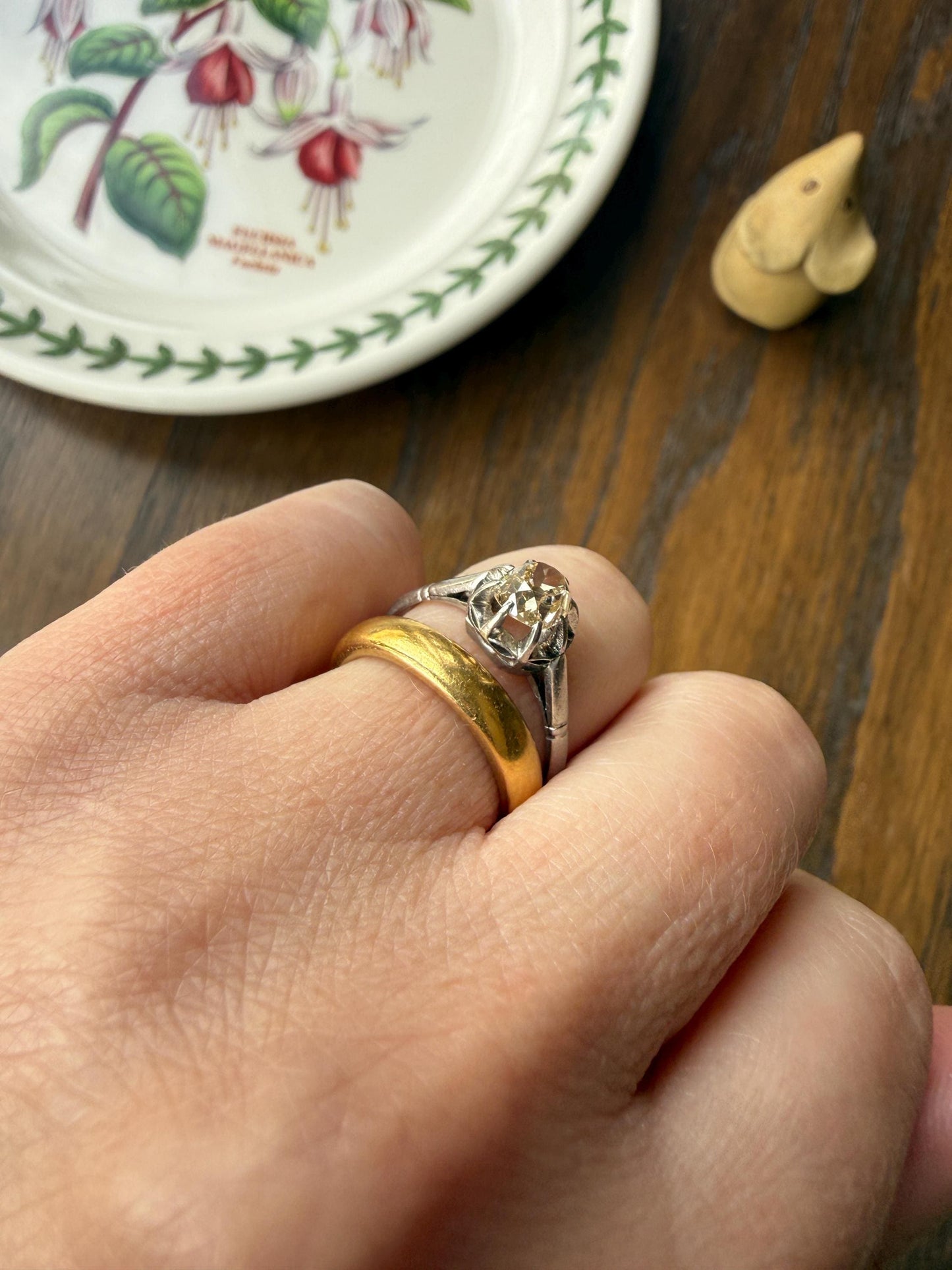 CHAMPAGNE Extra Chunky Old Mine Cut DIAMOND Eye Clean .8 Carat Antique Solitiare Ring French Platinum Skinny Band Engagement OMC