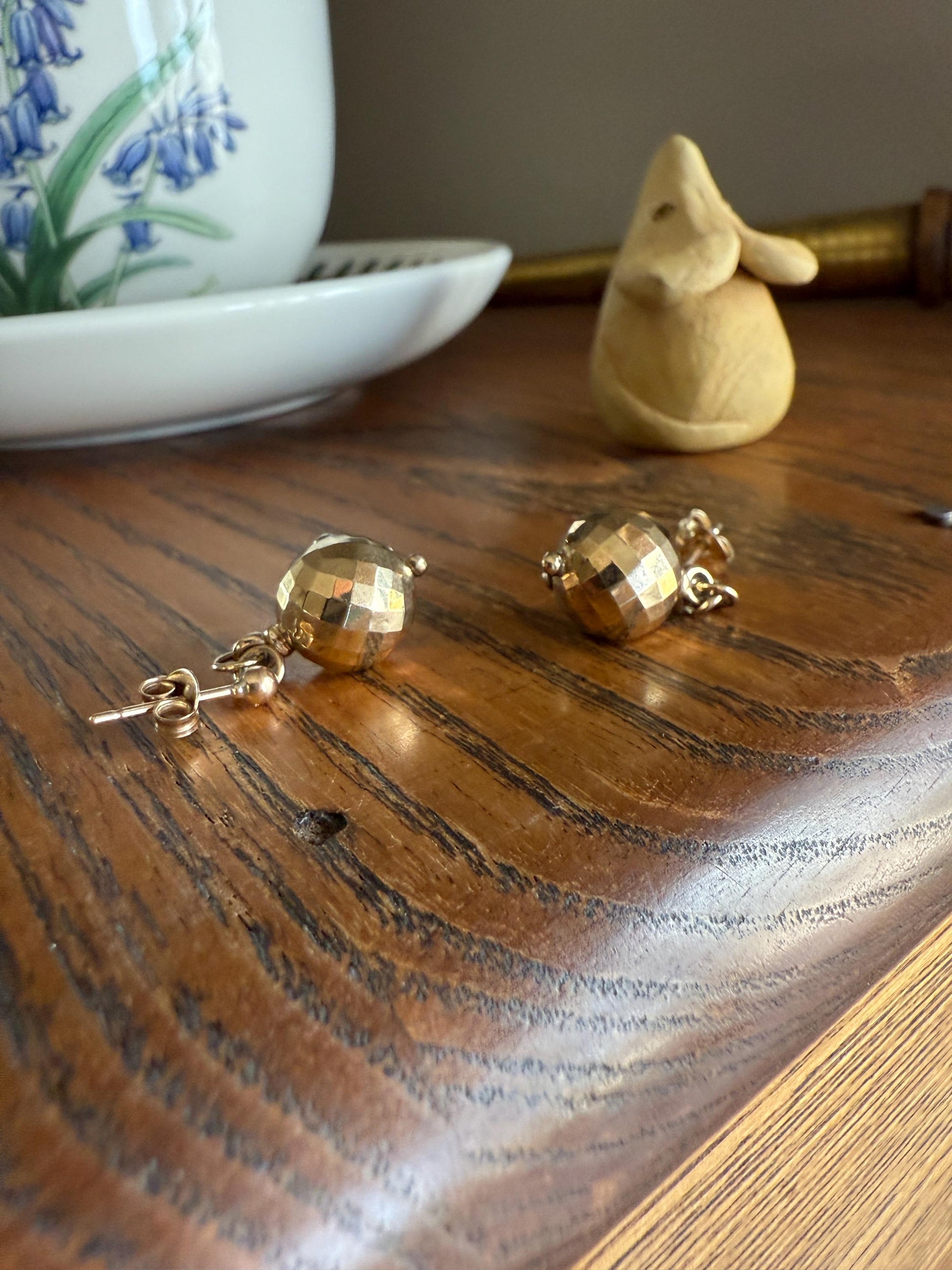 Victorian Faceted Sphere Circular 3D Victorian Spiked Dangle Earrings with Ball Rivet Sputnik Style but Antique 9k Gold Disco Ball Shimmer