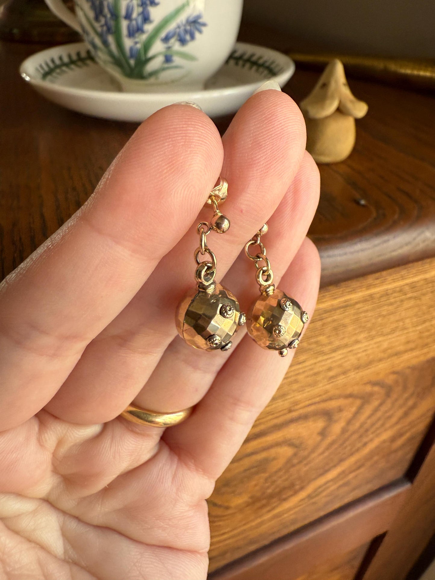 Victorian Faceted Sphere Circular 3D Victorian Spiked Dangle Earrings with Ball Rivet Sputnik Style but Antique 9k Gold Disco Ball Shimmer