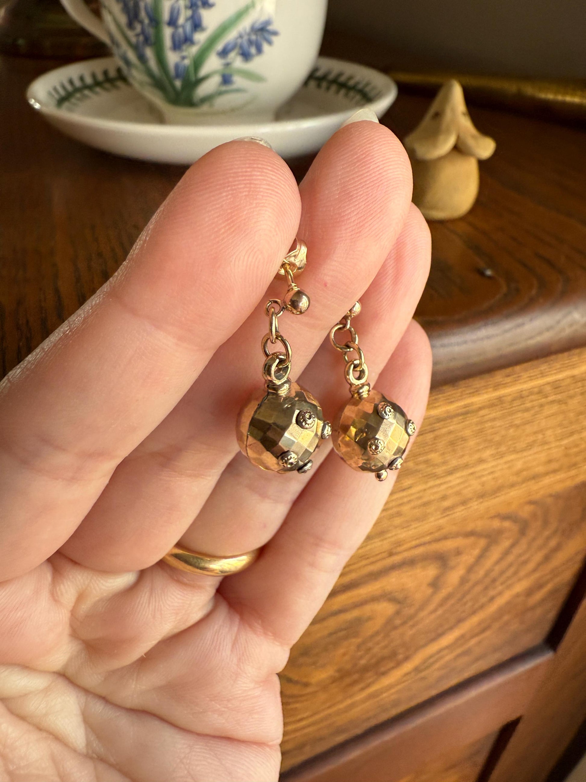 Victorian Faceted Sphere Circular 3D Victorian Spiked Dangle Earrings with Ball Rivet Sputnik Style but Antique 9k Gold Disco Ball Shimmer