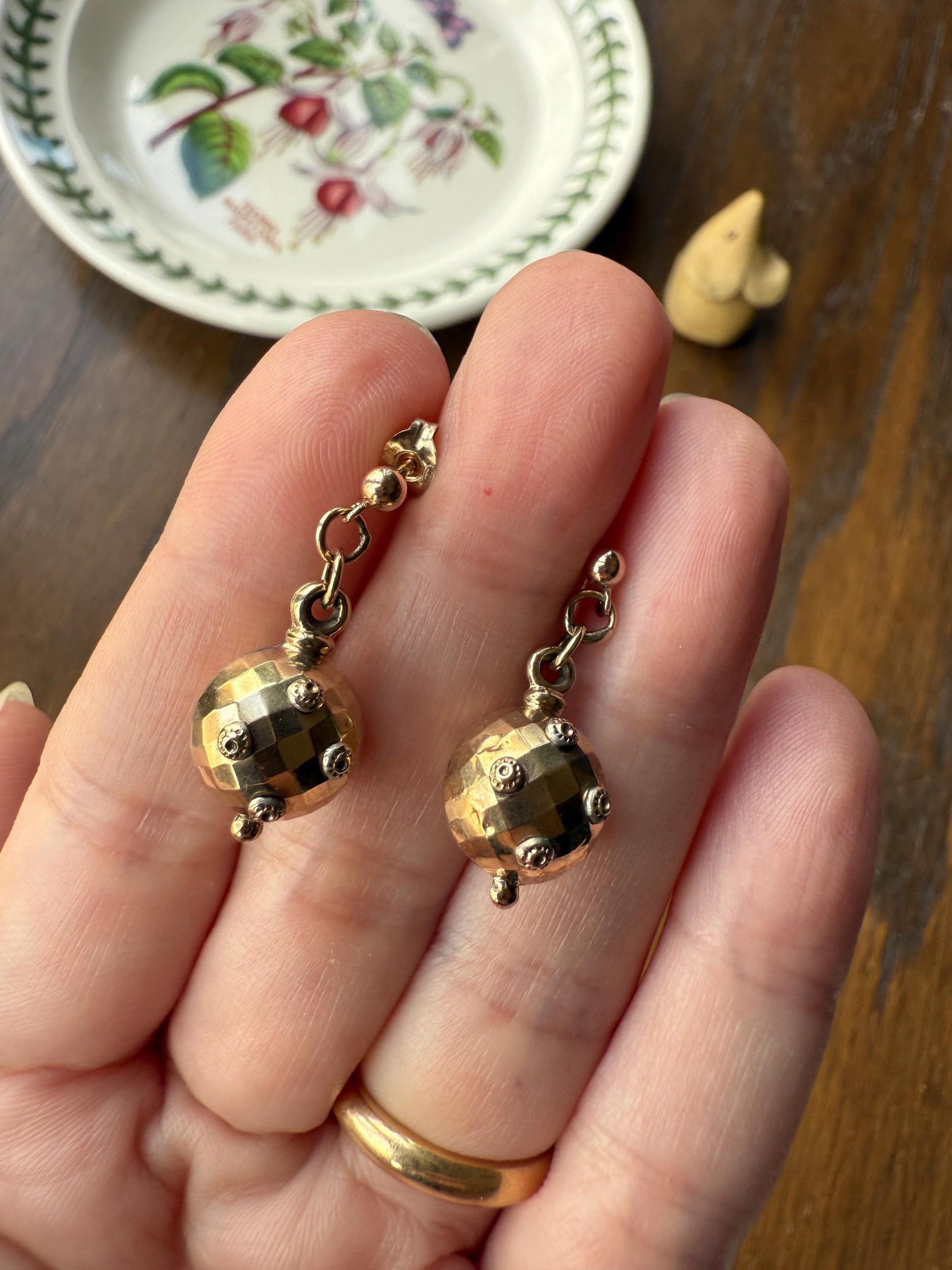 Victorian Faceted Sphere Circular 3D Victorian Spiked Dangle Earrings with Ball Rivet Sputnik Style but Antique 9k Gold Disco Ball Shimmer