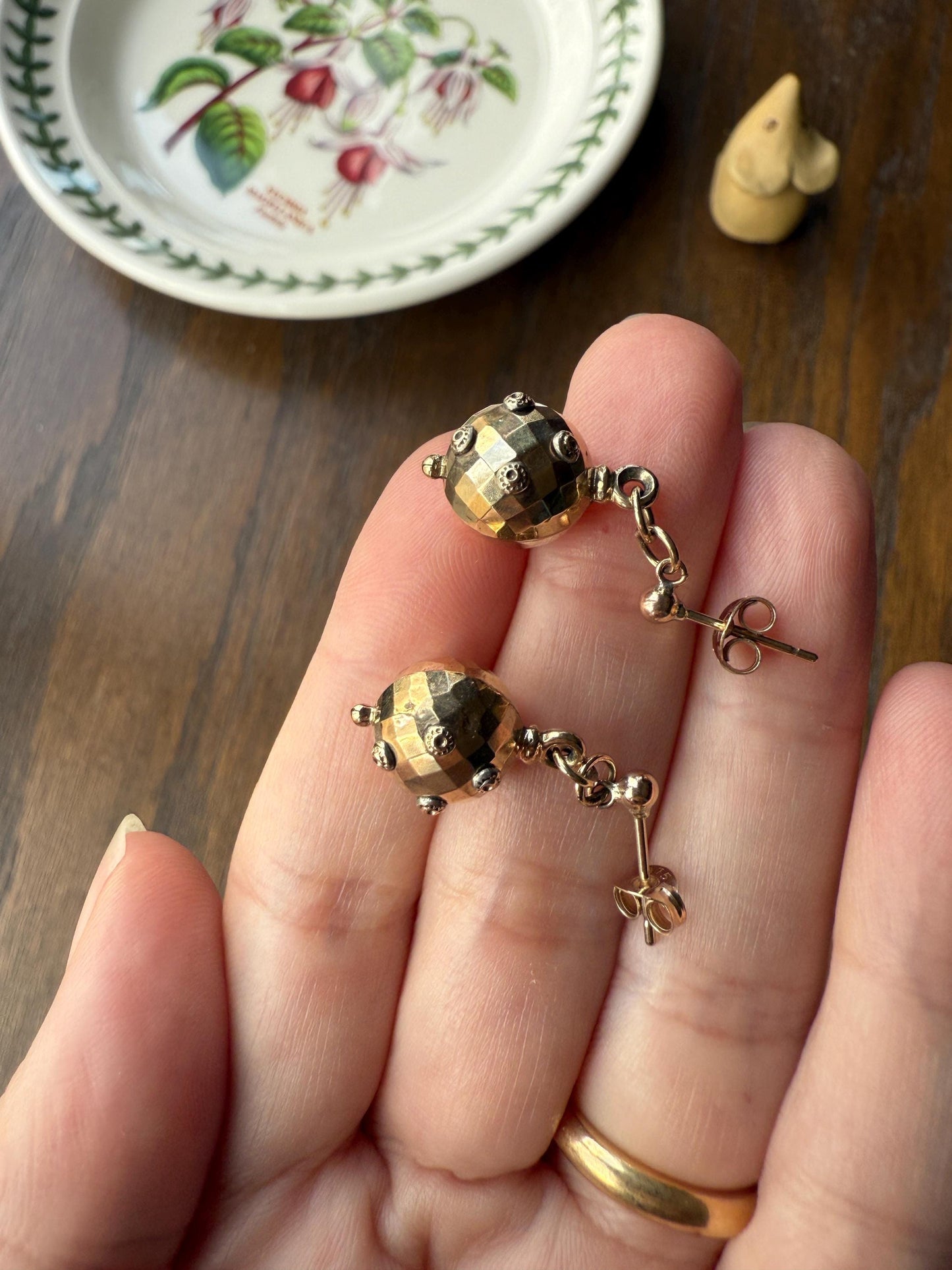 Victorian Faceted Sphere Circular 3D Victorian Spiked Dangle Earrings with Ball Rivet Sputnik Style but Antique 9k Gold Disco Ball Shimmer