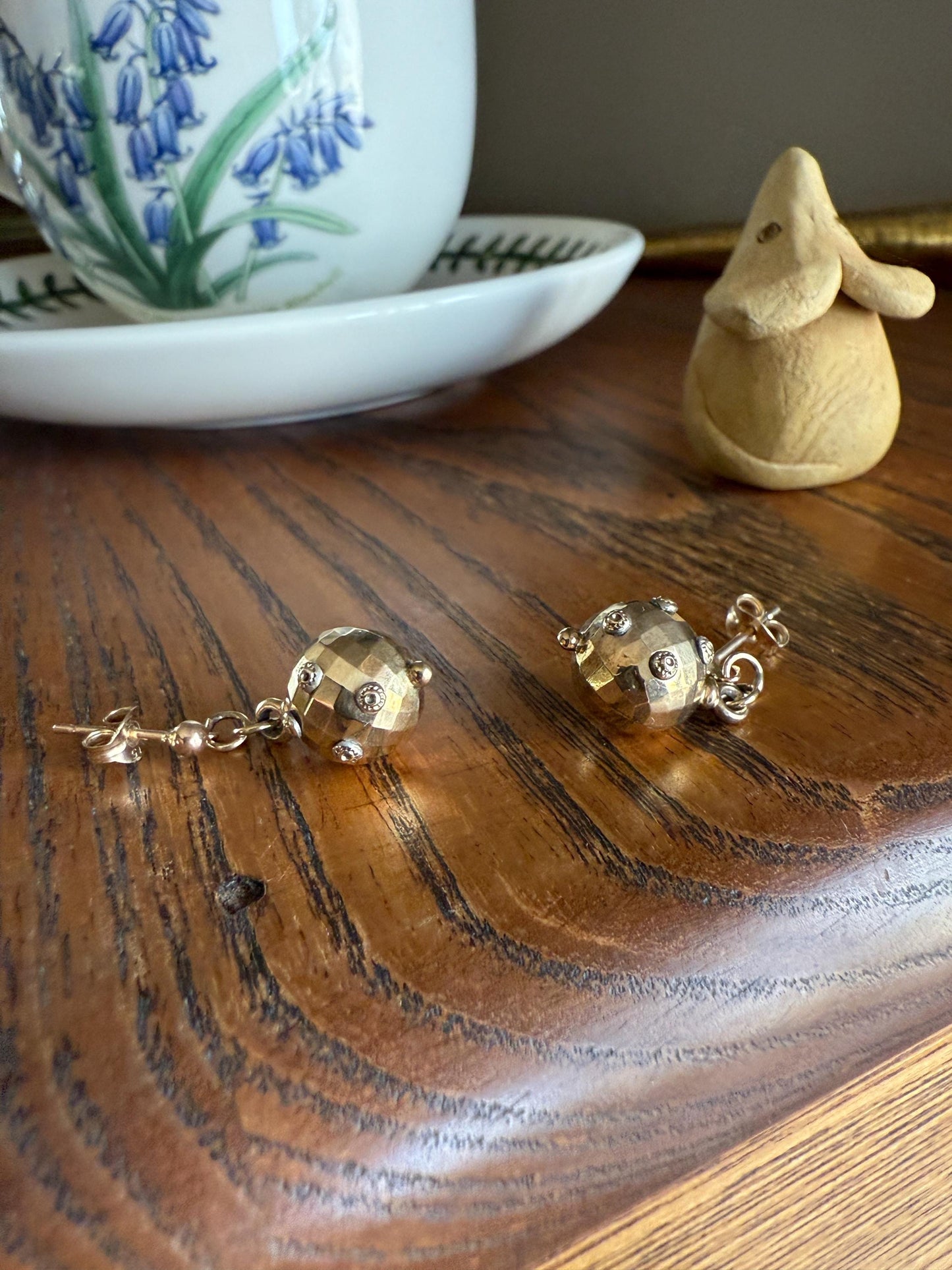 Victorian Faceted Sphere Circular 3D Victorian Spiked Dangle Earrings with Ball Rivet Sputnik Style but Antique 9k Gold Disco Ball Shimmer