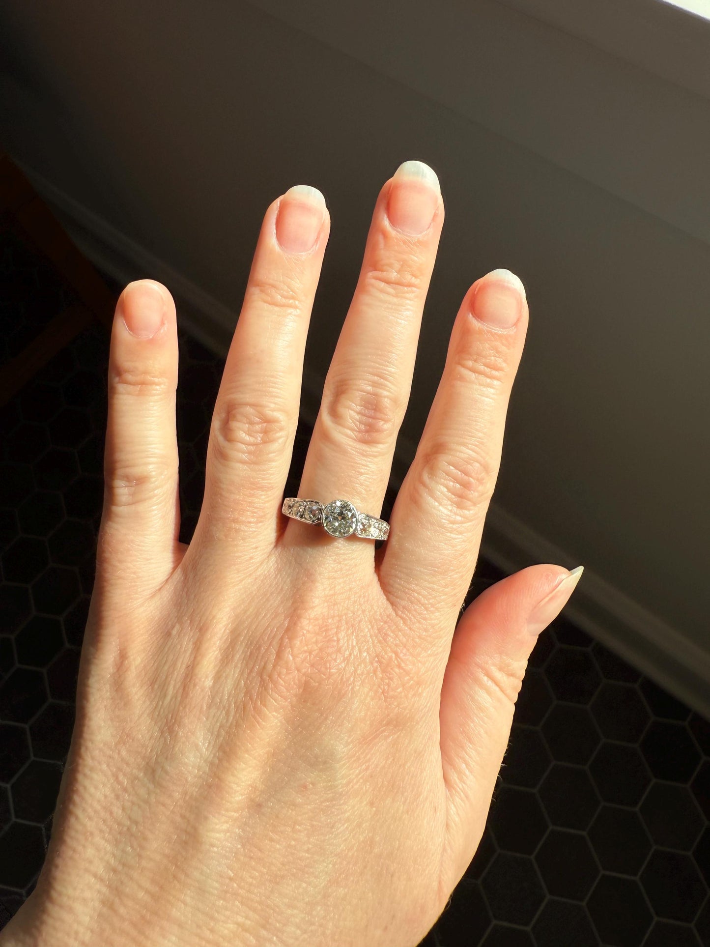 Art Deco Antique Bezel Set Eye Clean 1.85 Carat Tdw Old Mine Cut Diamond Seven Stone Solitaire w/ Accents 18k White Gold & Platinum