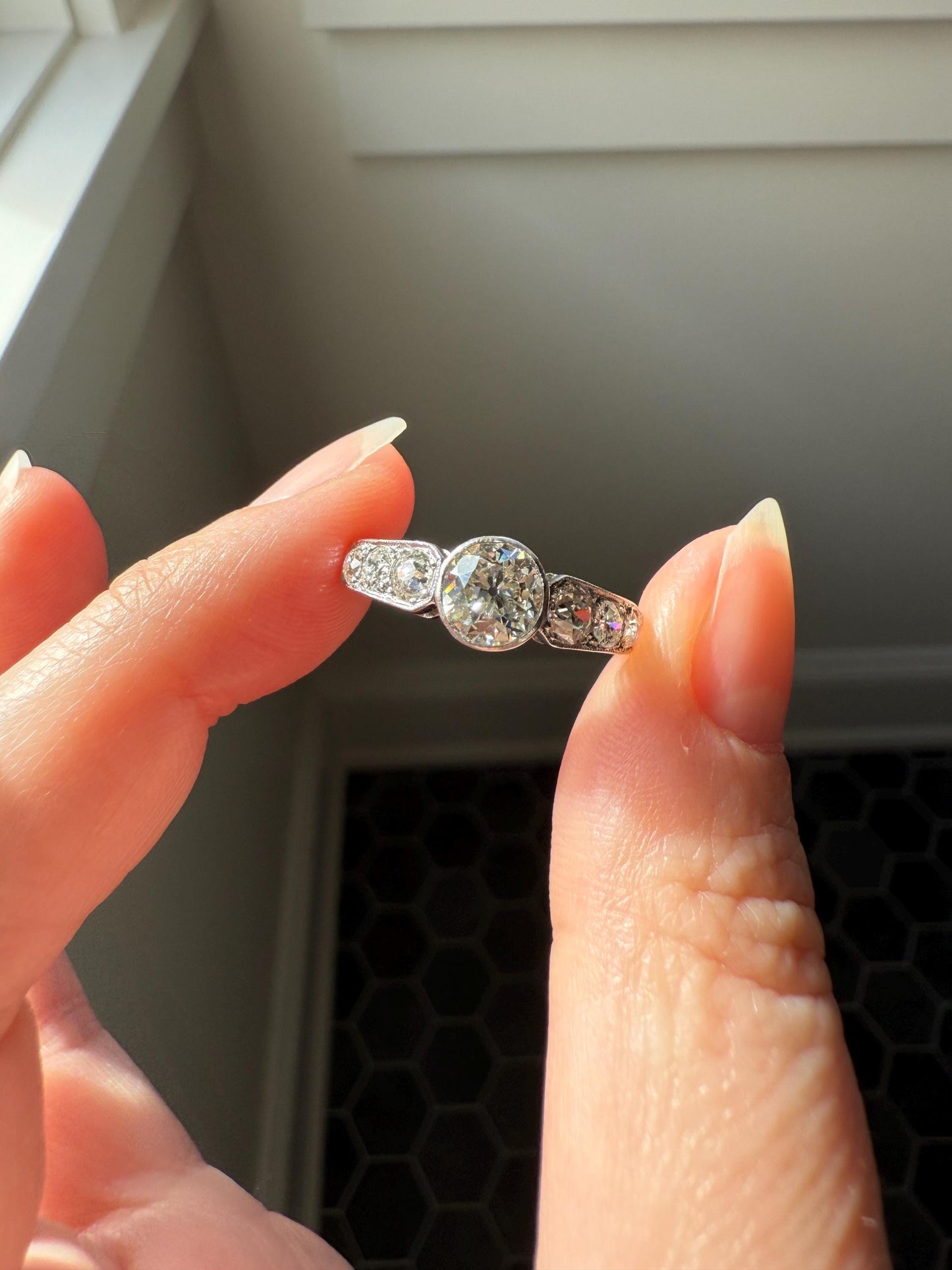 Art Deco Antique Bezel Set Eye Clean 1.85 Carat Tdw Old Mine Cut Diamond Seven Stone Solitaire w/ Accents 18k White Gold & Platinum