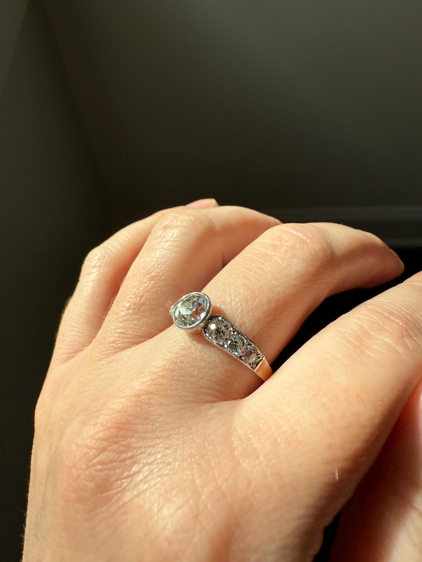 Art Deco Antique Bezel Set Eye Clean 1.85 Carat Tdw Old Mine Cut Diamond Seven Stone Solitaire w/ Accents 18k White Gold & Platinum