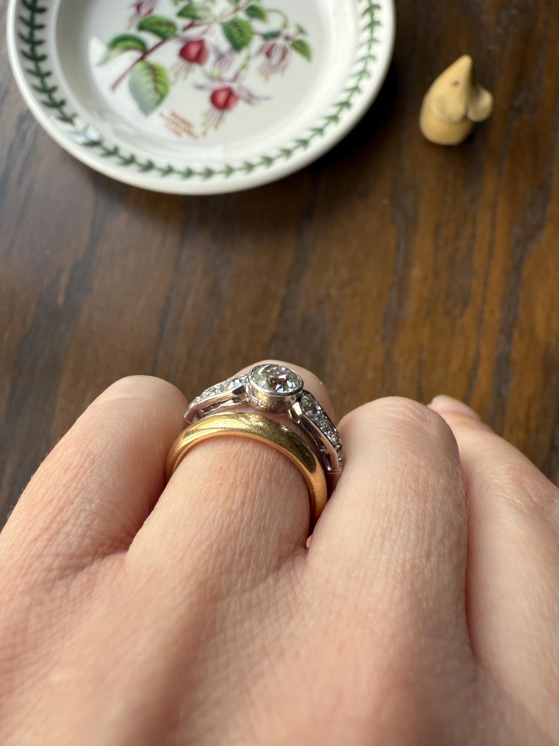 Art Deco Antique Bezel Set Eye Clean 1.85 Carat Tdw Old Mine Cut Diamond Seven Stone Solitaire w/ Accents 18k White Gold & Platinum