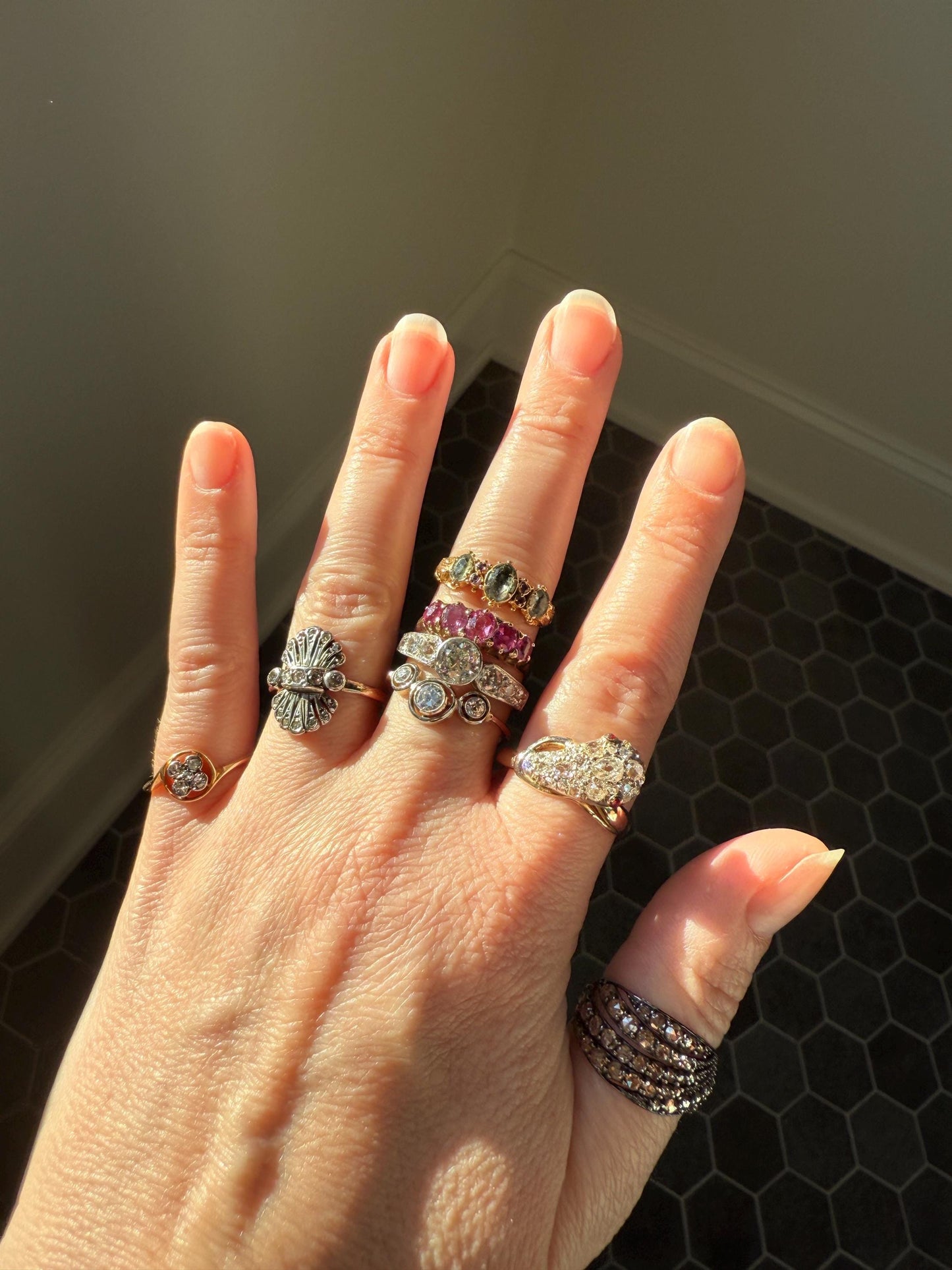 Art Deco Antique Bezel Set Eye Clean 1.85 Carat Tdw Old Mine Cut Diamond Seven Stone Solitaire w/ Accents 18k White Gold & Platinum