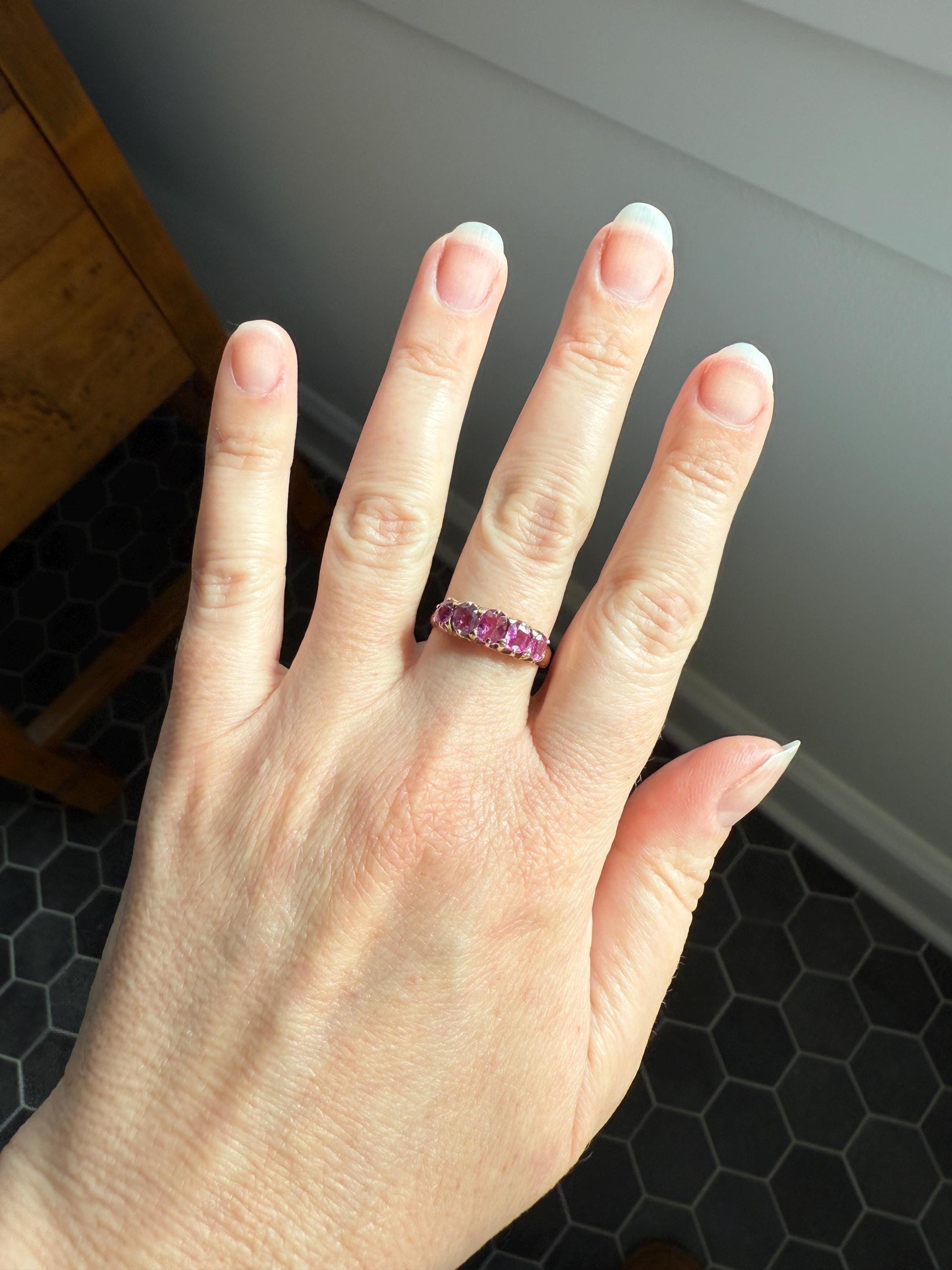 Antique Ruby Pink Sapphire Victorian Antique Five Stone Stacker Band 10k Gold Ring