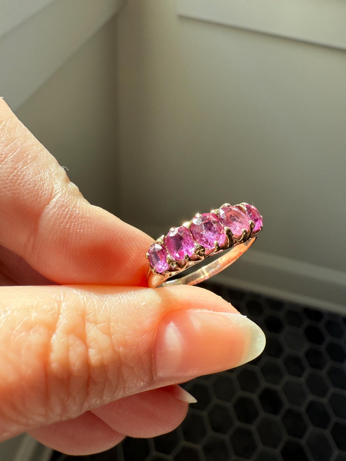 Antique Ruby Pink Sapphire Victorian Antique Five Stone Stacker Band 10k Gold Ring