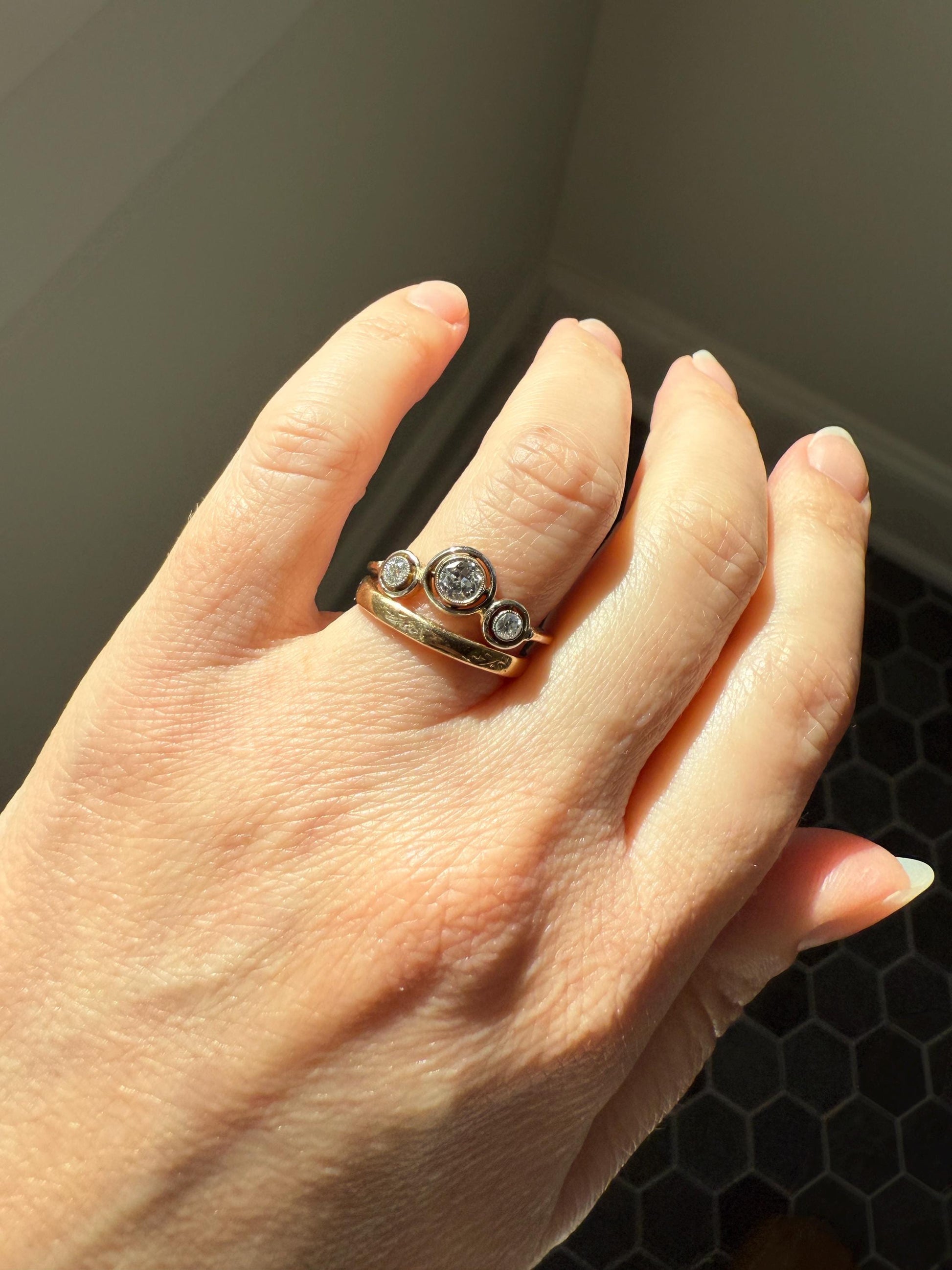 Unique Antique Crown Tiara Ring Bezel Set Three Stone Old Mine & European Cut Diamond Band with Halos 18k Gold Stacker Bullseye Target