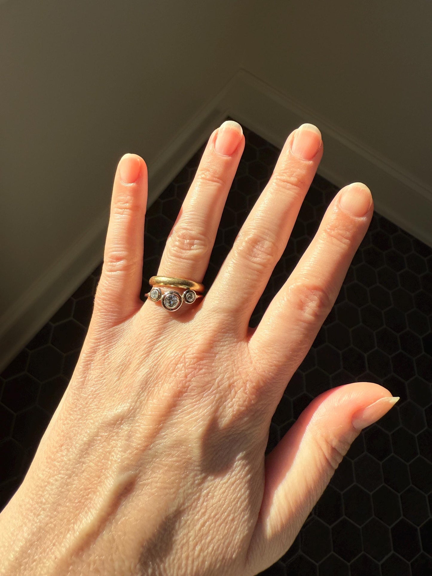 Unique Antique Crown Tiara Ring Bezel Set Three Stone Old Mine & European Cut Diamond Band with Halos 18k Gold Stacker Bullseye Target