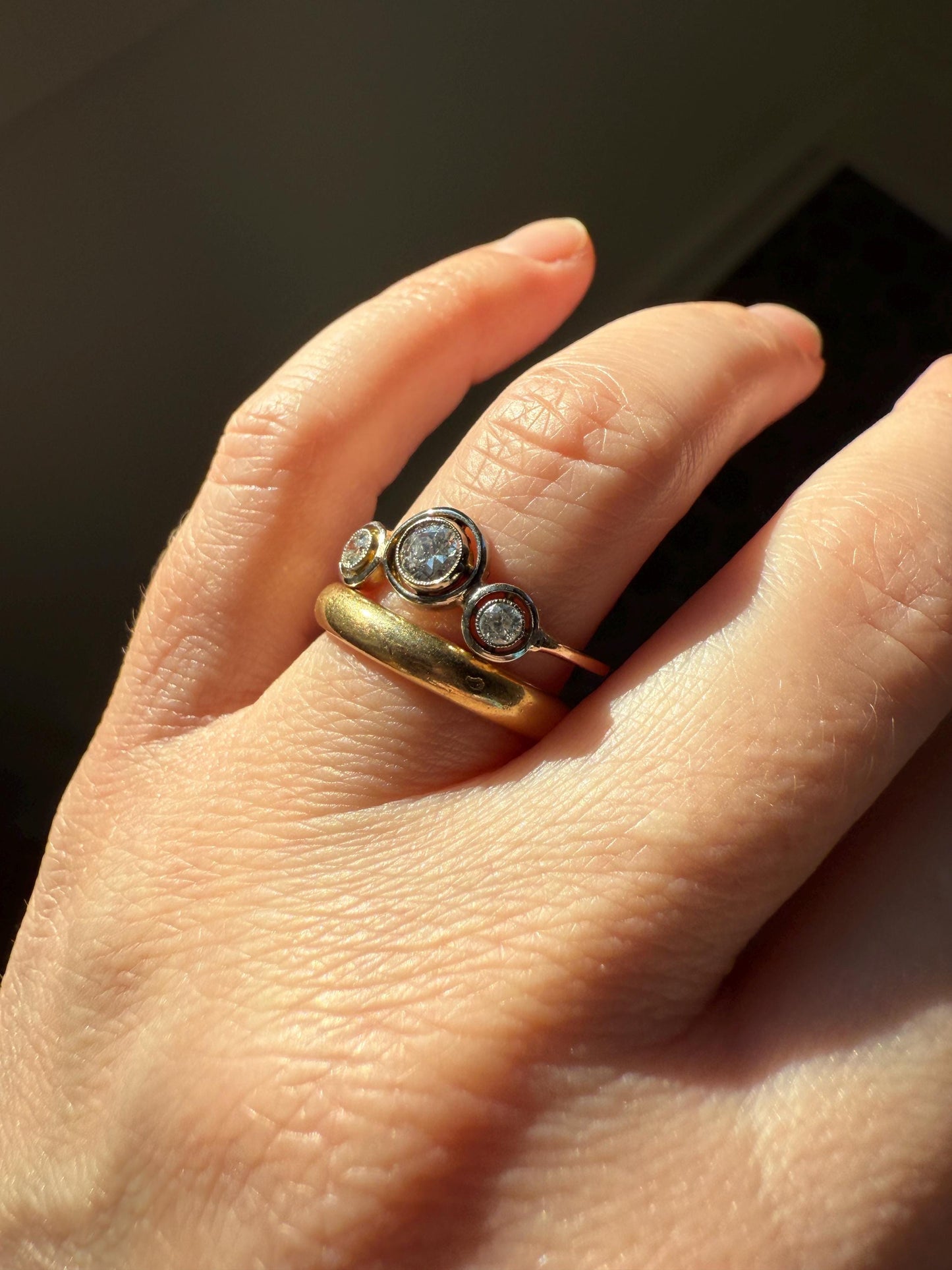 Unique Antique Crown Tiara Ring Bezel Set Three Stone Old Mine & European Cut Diamond Band with Halos 18k Gold Stacker Bullseye Target
