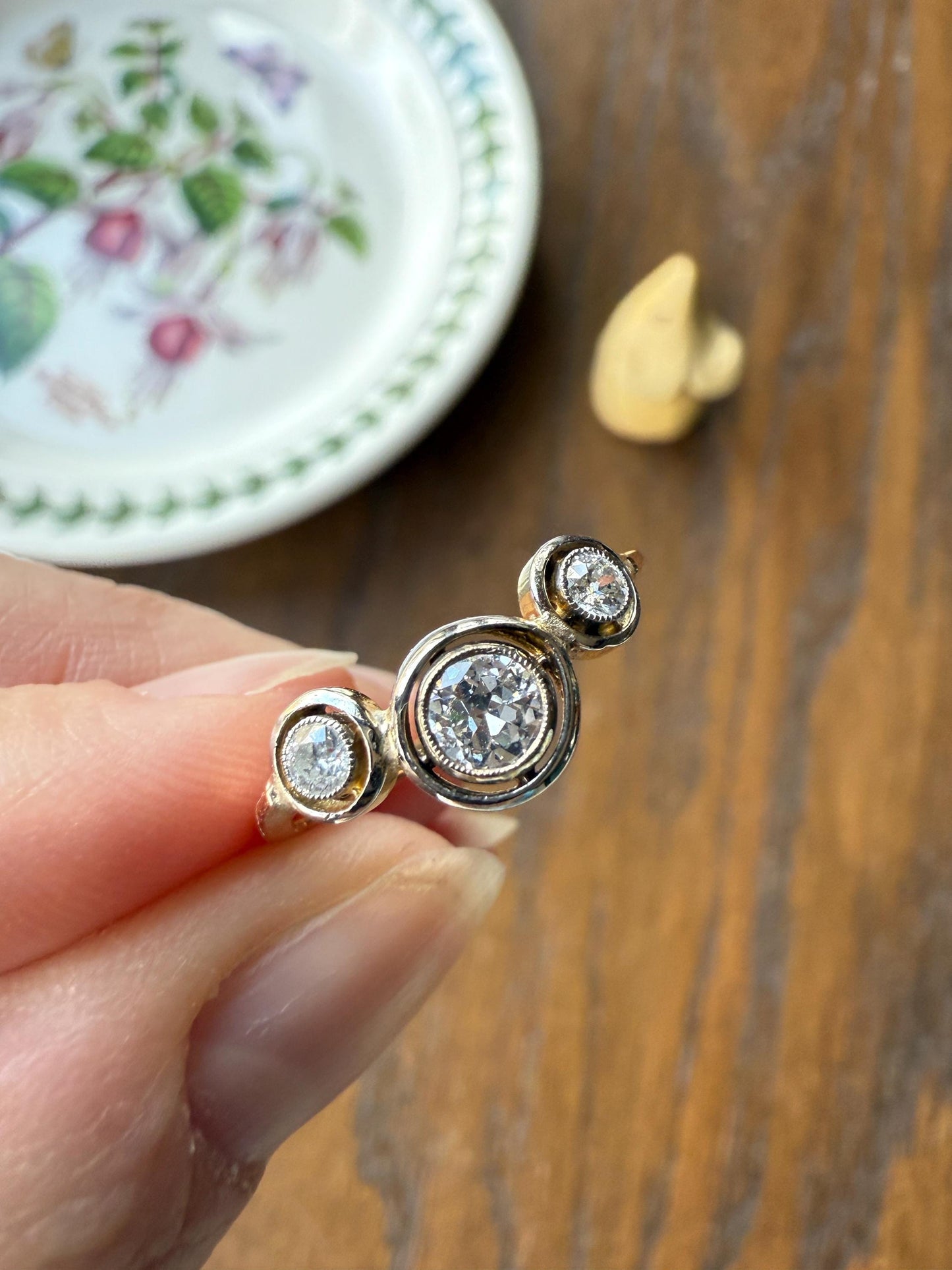 Unique Antique Crown Tiara Ring Bezel Set Three Stone Old Mine & European Cut Diamond Band with Halos 18k Gold Stacker Bullseye Target