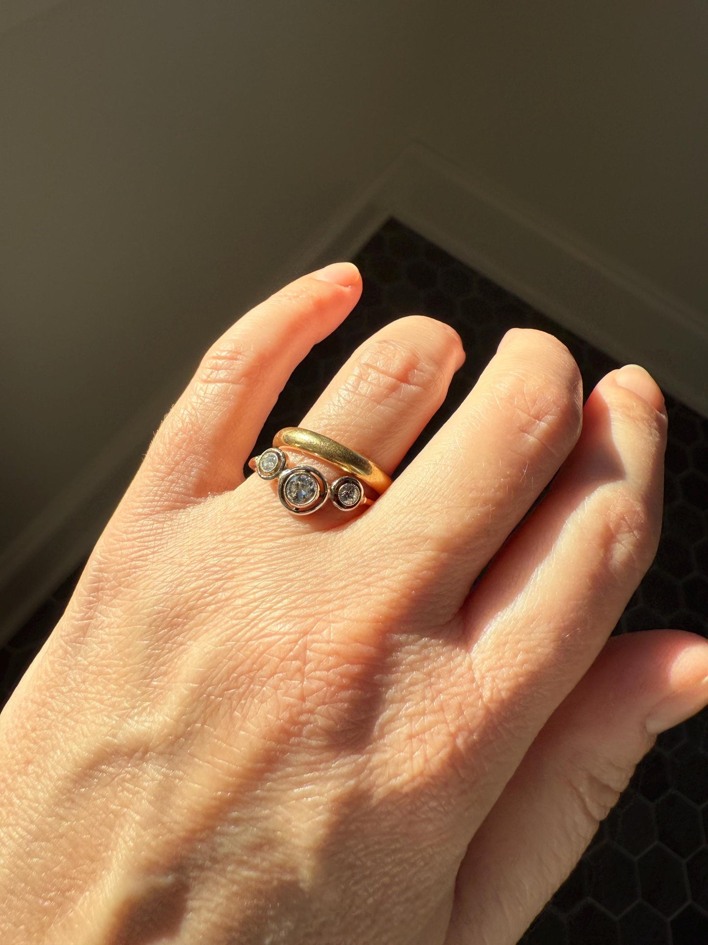 Unique Antique Crown Tiara Ring Bezel Set Three Stone Old Mine & European Cut Diamond Band with Halos 18k Gold Stacker Bullseye Target