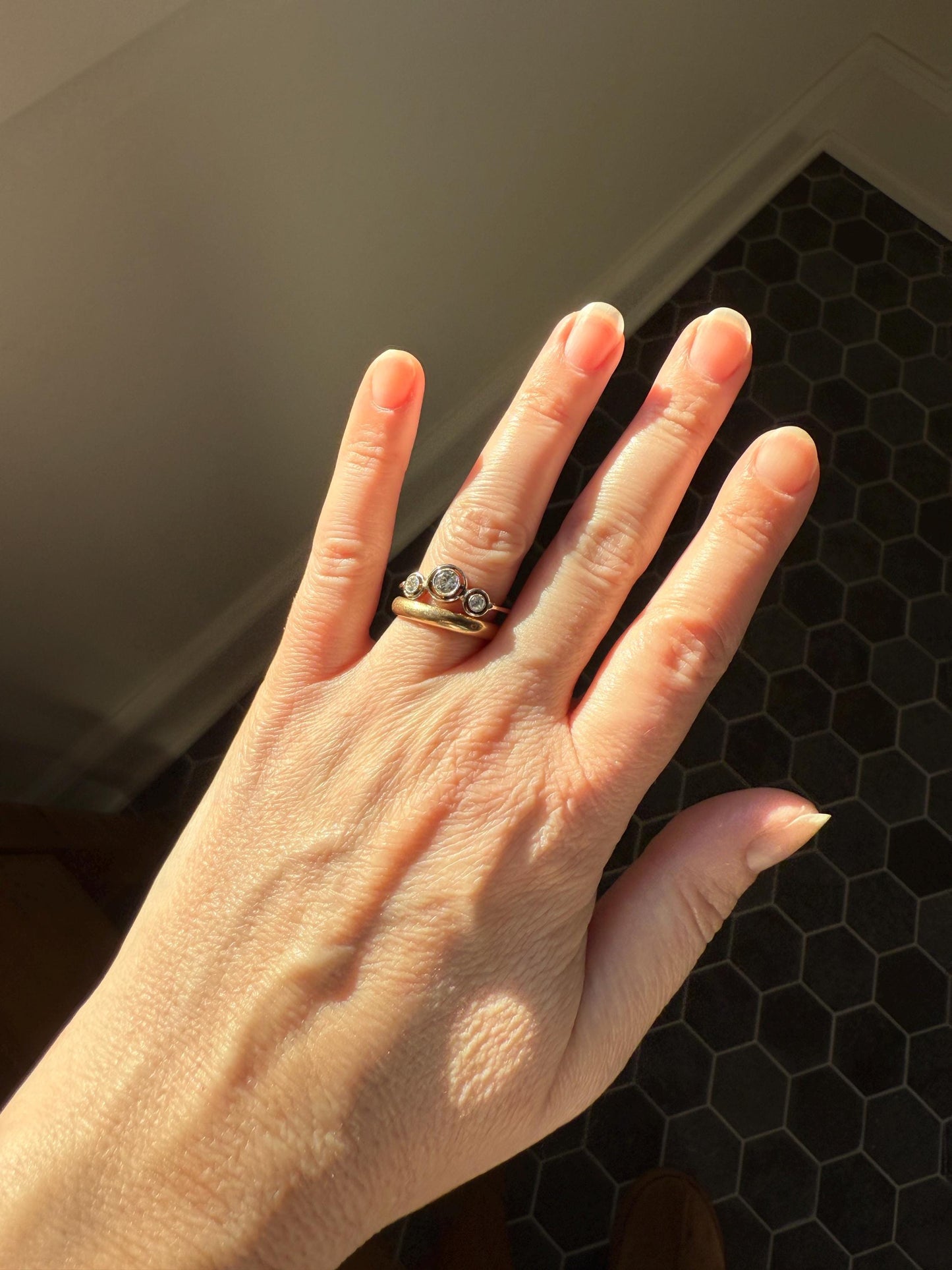 Unique Antique Crown Tiara Ring Bezel Set Three Stone Old Mine & European Cut Diamond Band with Halos 18k Gold Stacker Bullseye Target
