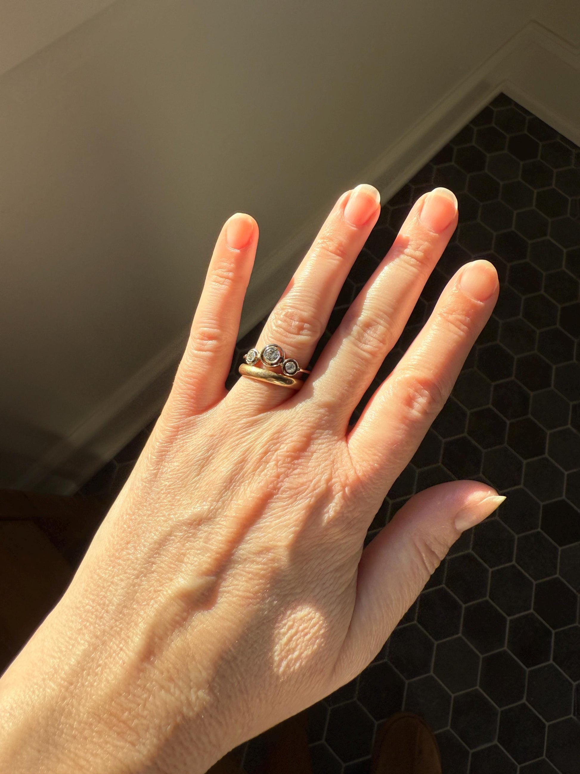 Unique Antique Crown Tiara Ring Bezel Set Three Stone Old Mine & European Cut Diamond Band with Halos 18k Gold Stacker Bullseye Target