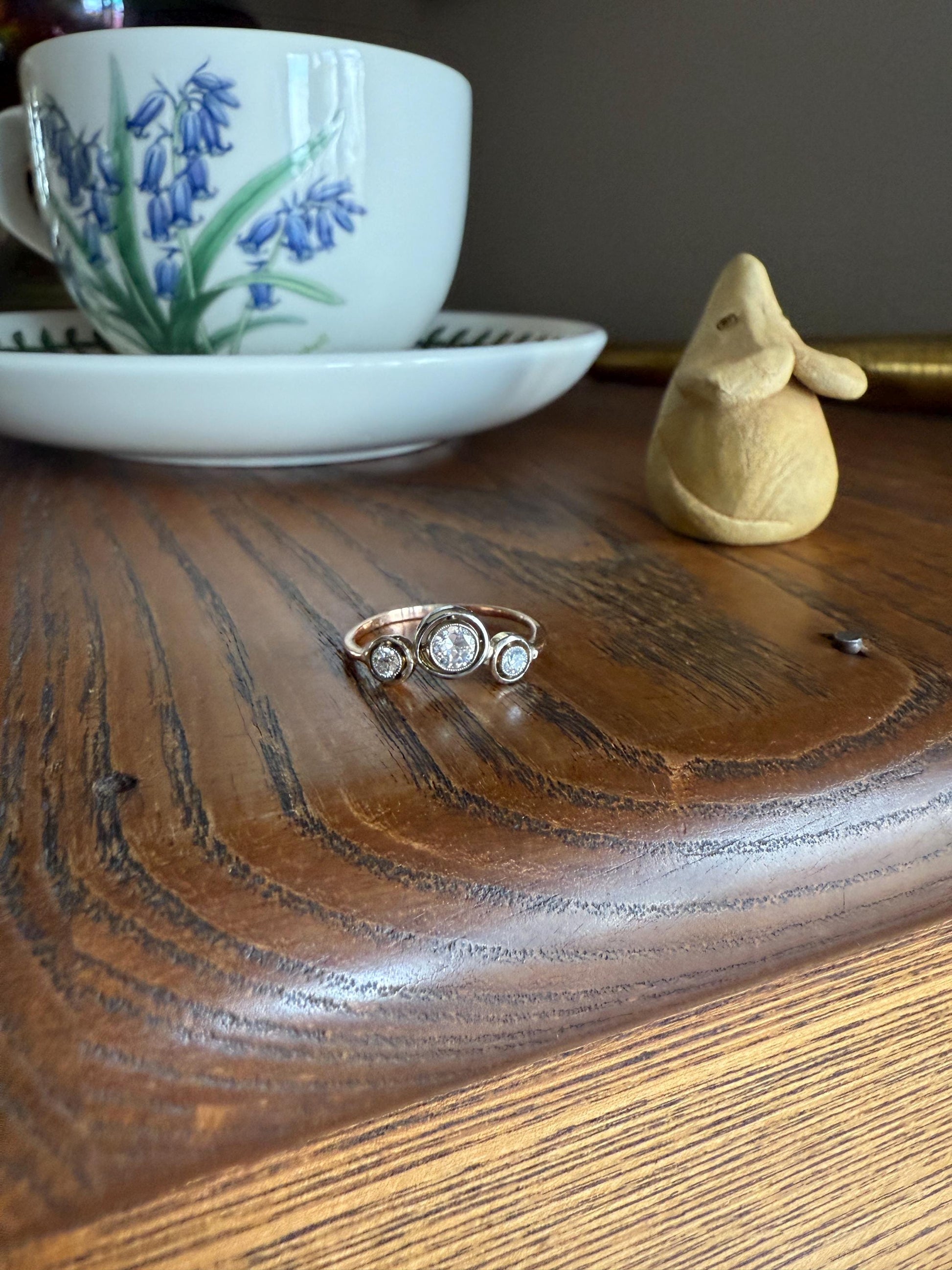 Unique Antique Crown Tiara Ring Bezel Set Three Stone Old Mine & European Cut Diamond Band with Halos 18k Gold Stacker Bullseye Target