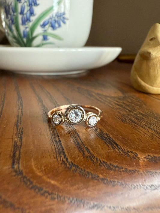 Unique Antique Crown Tiara Ring Bezel Set Three Stone Old Mine & European Cut Diamond Band with Halos 18k Gold Stacker Bullseye Target