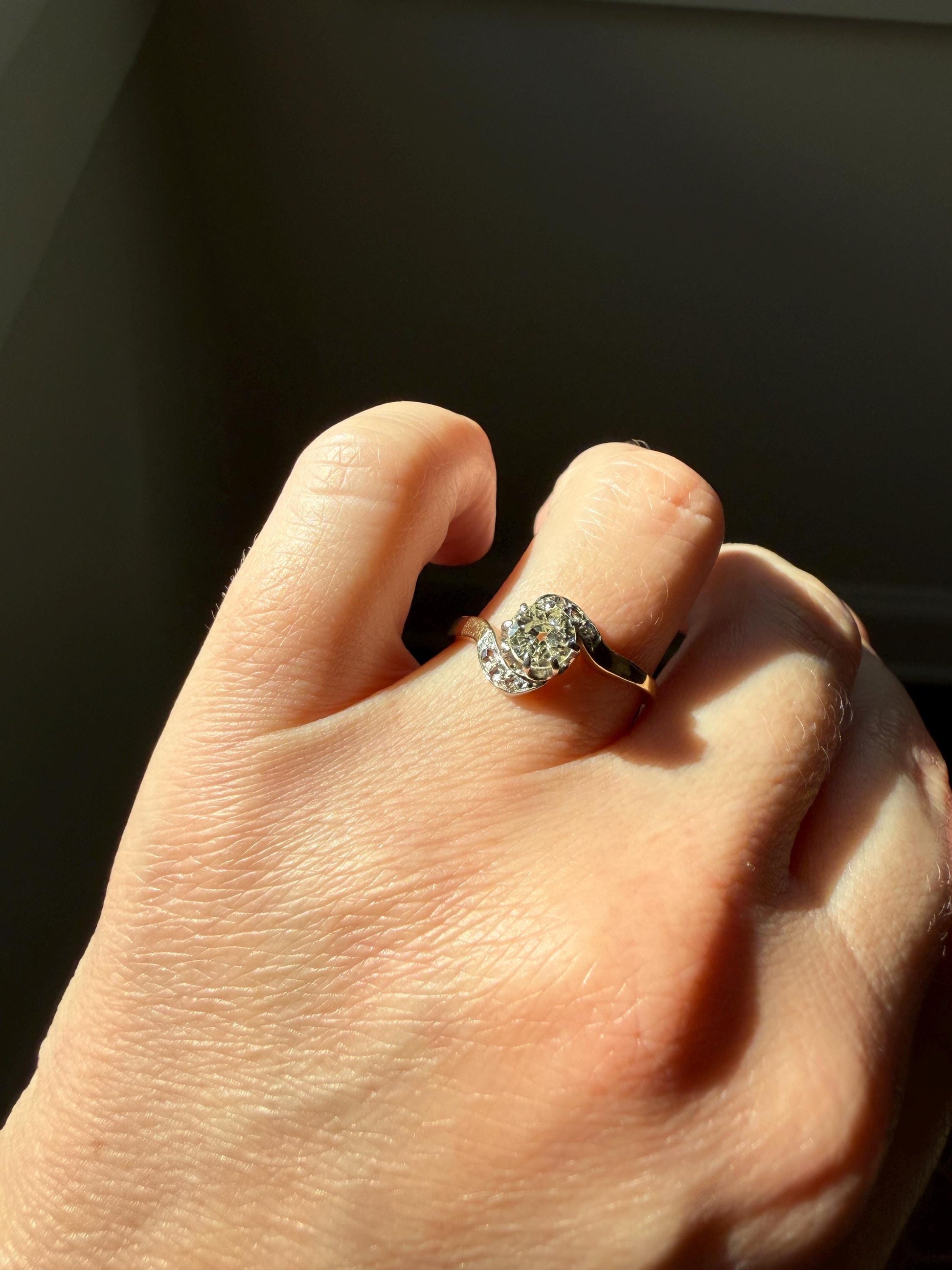 French Antique .6 Carat Natural Old Mine Rose Cut DIAMOND Solitaire Swirling Bypass 18k Gold Solid Ring Ornate Stacker Unique Engagement