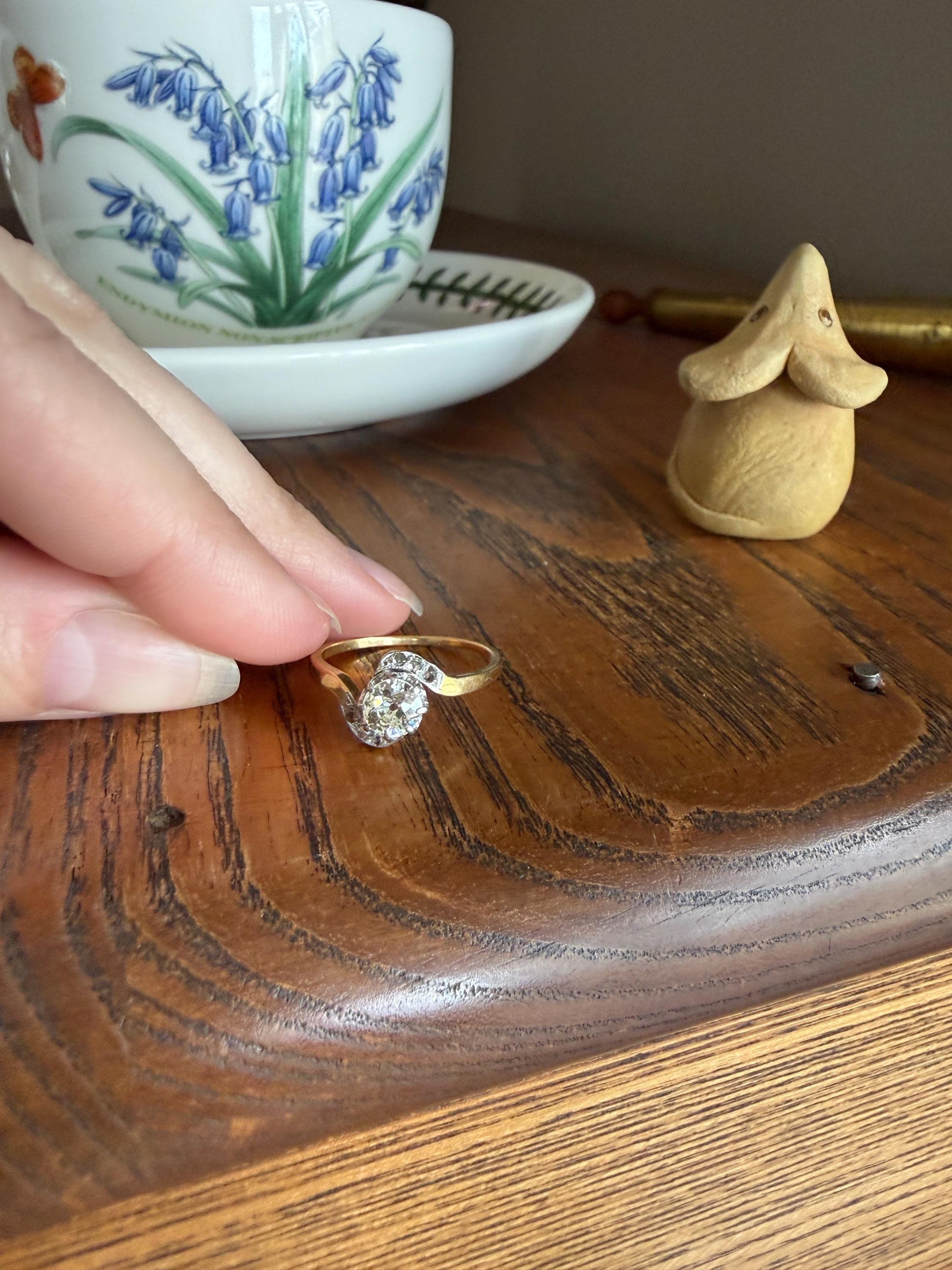 French Antique .6 Carat Natural Old Mine Rose Cut DIAMOND Solitaire Swirling Bypass 18k Gold Solid Ring Ornate Stacker Unique Engagement