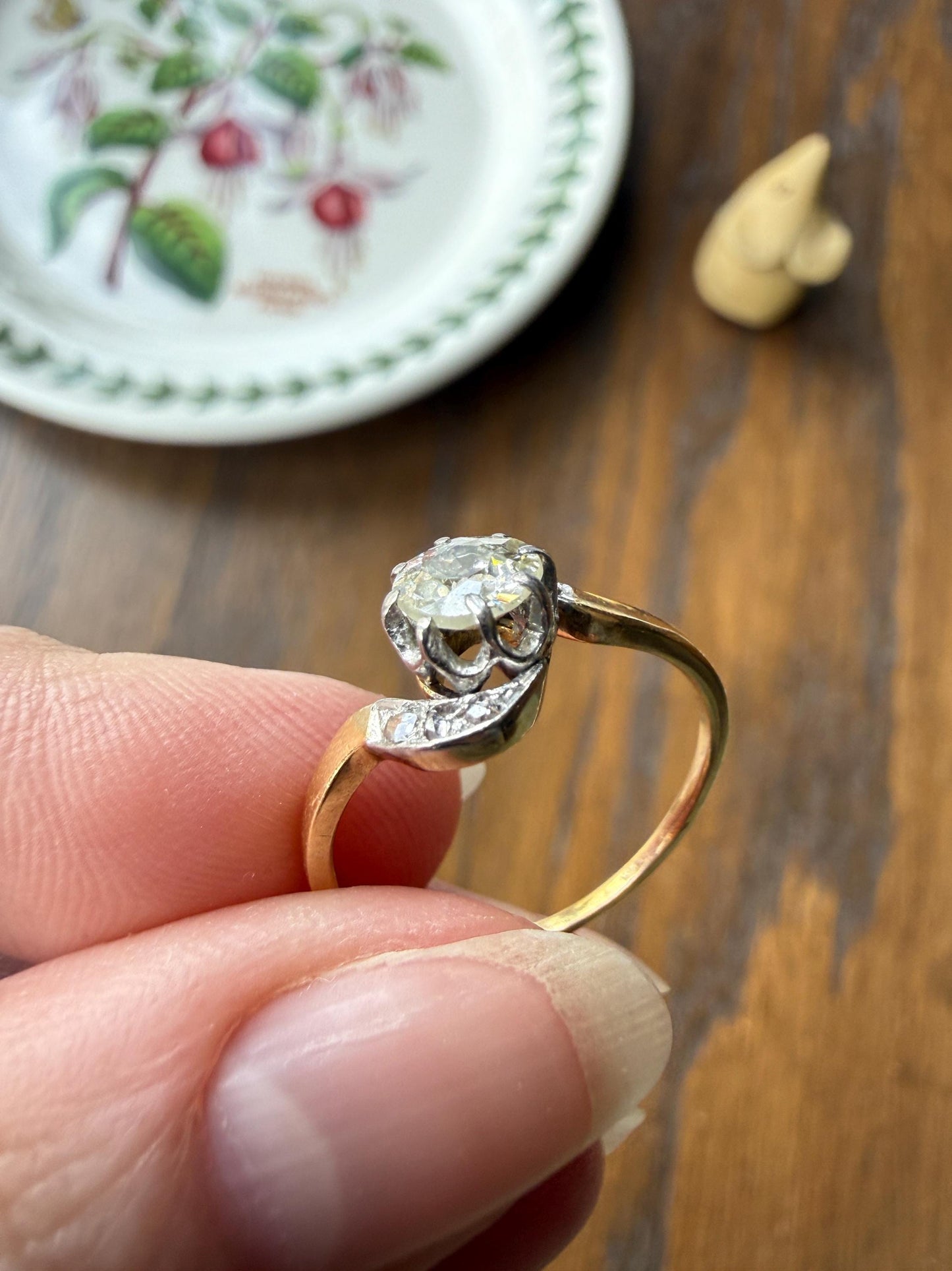 French Antique .6 Carat Natural Old Mine Rose Cut DIAMOND Solitaire Swirling Bypass 18k Gold Solid Ring Ornate Stacker Unique Engagement