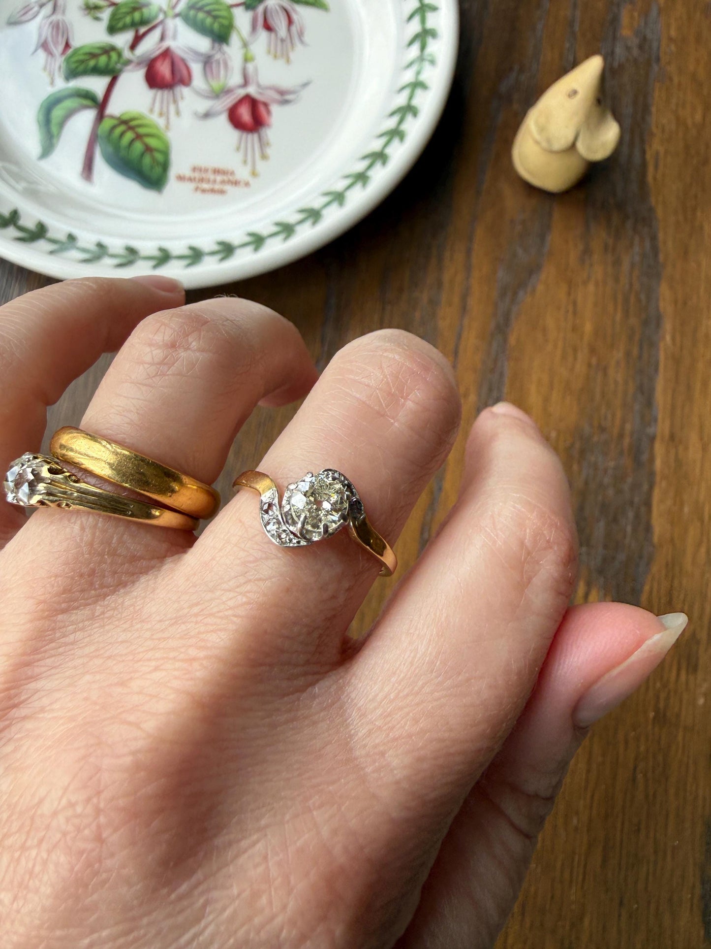 French Antique .6 Carat Natural Old Mine Rose Cut DIAMOND Solitaire Swirling Bypass 18k Gold Solid Ring Ornate Stacker Unique Engagement