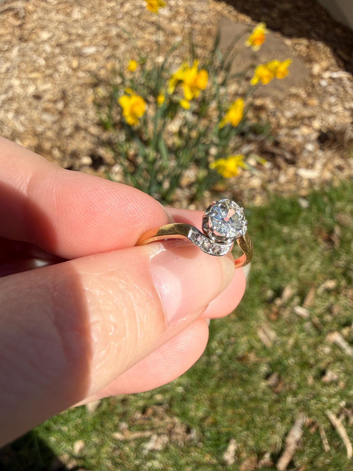 French Antique .6 Carat Natural Old Mine Rose Cut DIAMOND Solitaire Swirling Bypass 18k Gold Solid Ring Ornate Stacker Unique Engagement