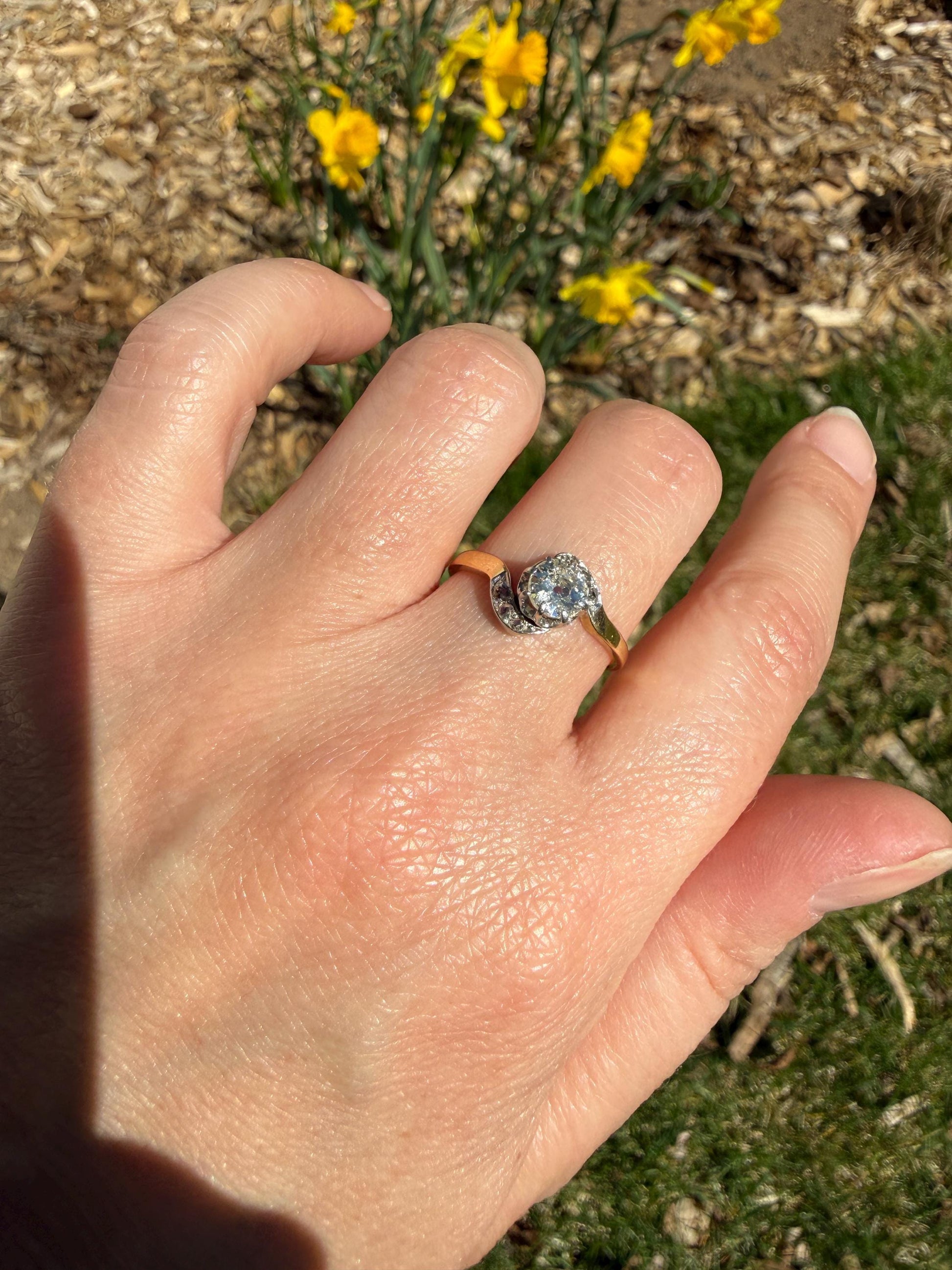 French Antique .6 Carat Natural Old Mine Rose Cut DIAMOND Solitaire Swirling Bypass 18k Gold Solid Ring Ornate Stacker Unique Engagement