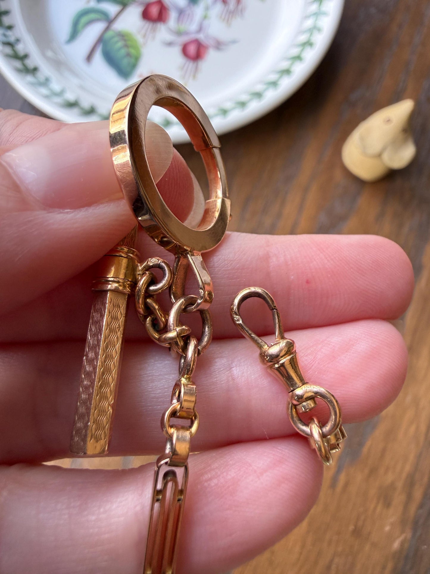 Heavy French Vintage Albert Watch Chain 20g 18k GOLD Solid Chunky Chain Necklace Oval Links XL Spring Ring T Bar Short Choker Extender