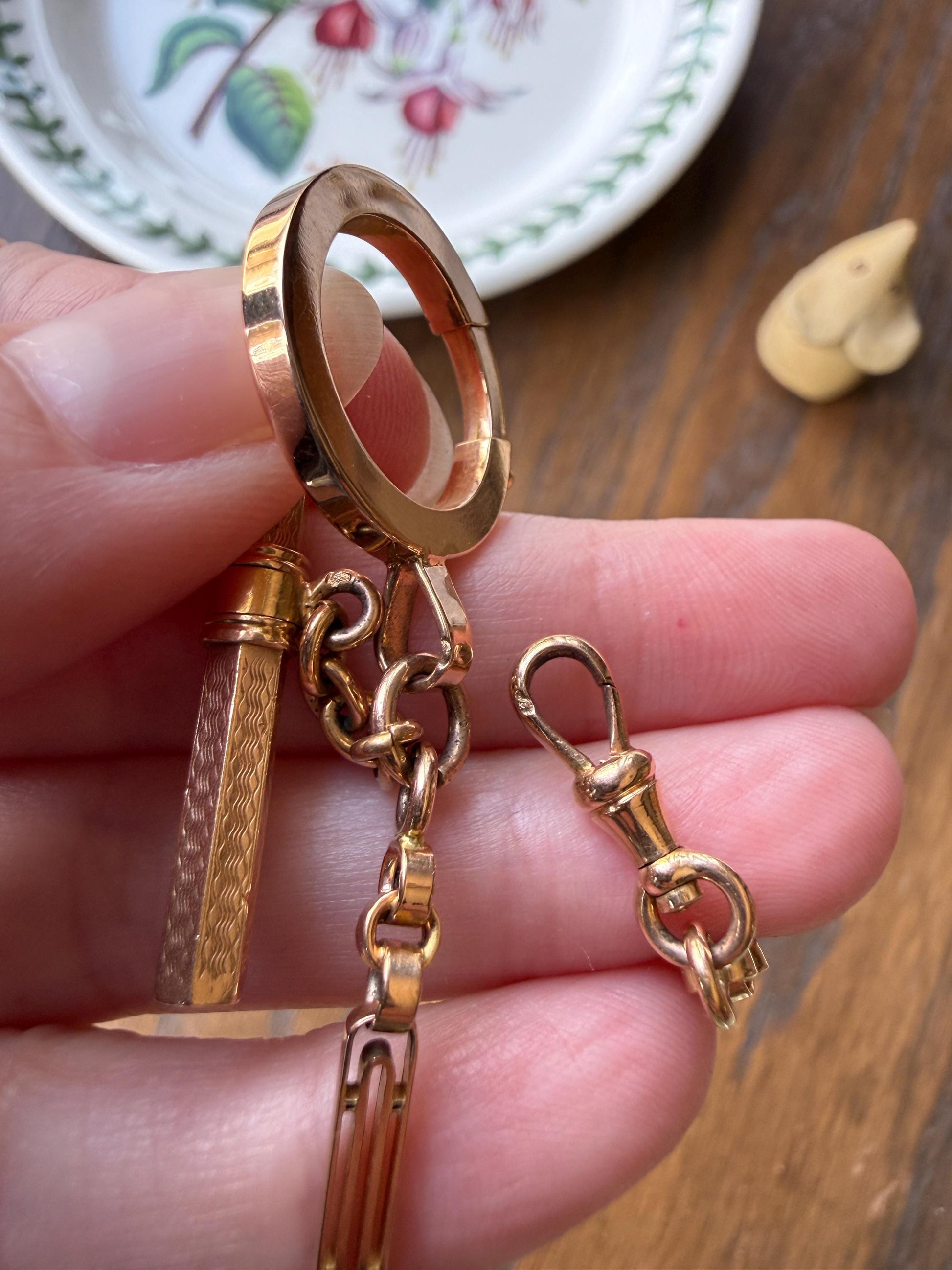 Heavy French Vintage Albert Watch Chain 20g 18k GOLD Solid Chunky Chain Necklace Oval Links XL Spring Ring T Bar Short Choker Extender